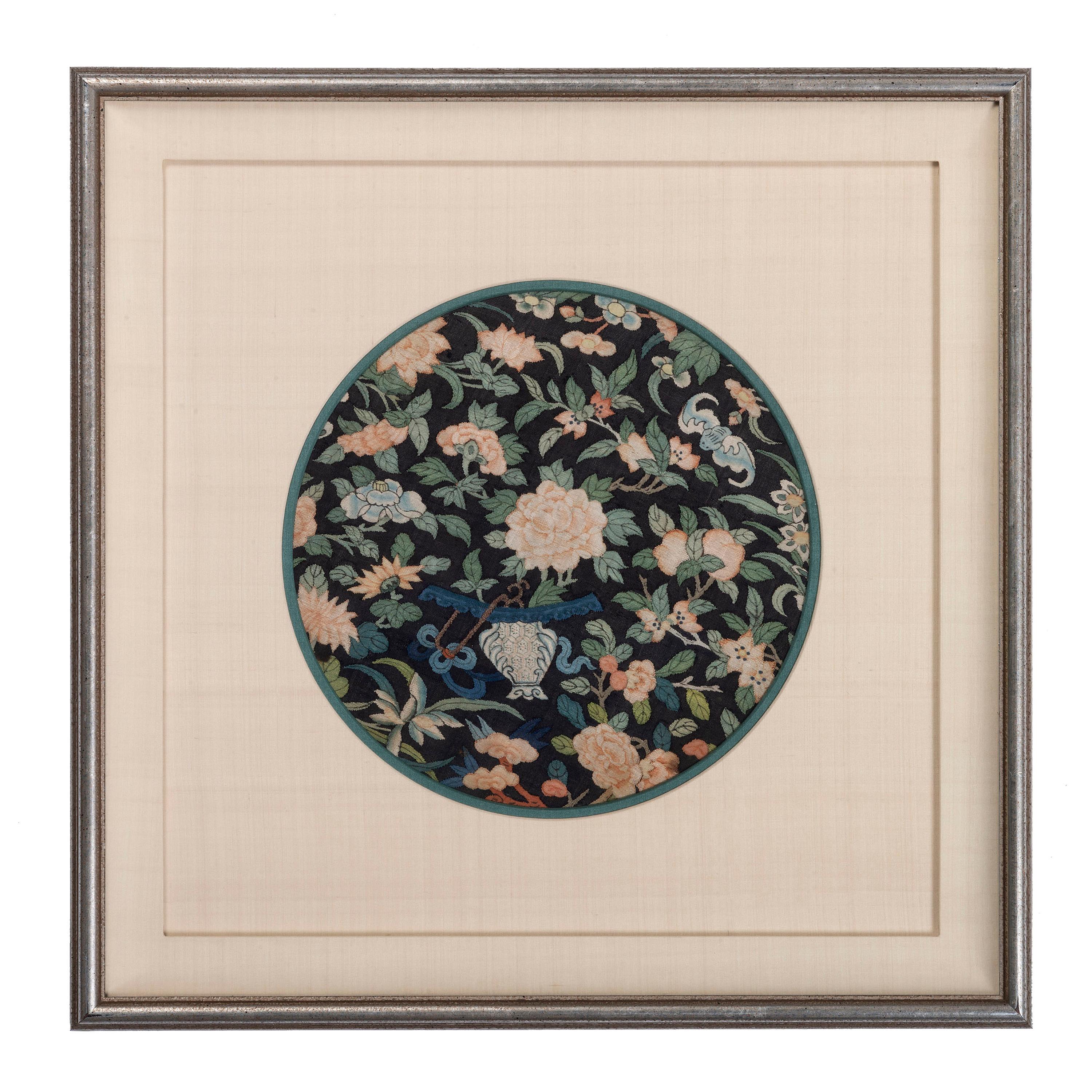 Four Blue Ground Kesi Woven Silk Circular Panels