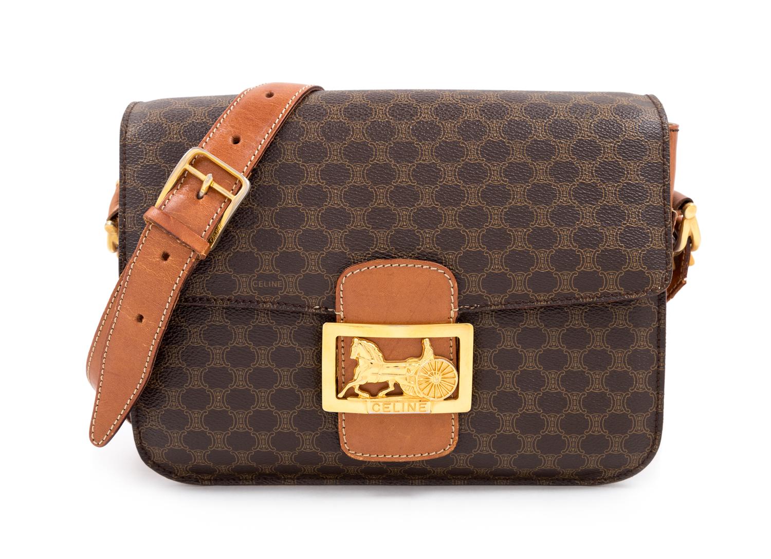 A Celine Brown Macadam Pattern Shoulder Bag, 7.5" H x 9.5" W x 2.5" D; Strap drop: 15.5"- 18.5".