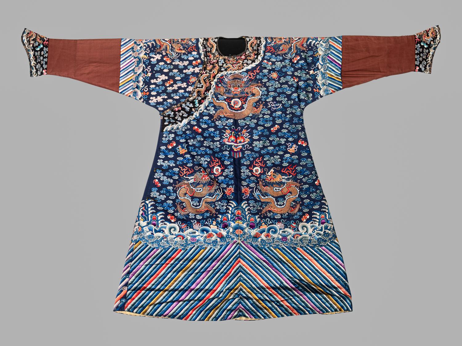 A Blue Ground Embroidered Silk Dragon Robe, Jifu
