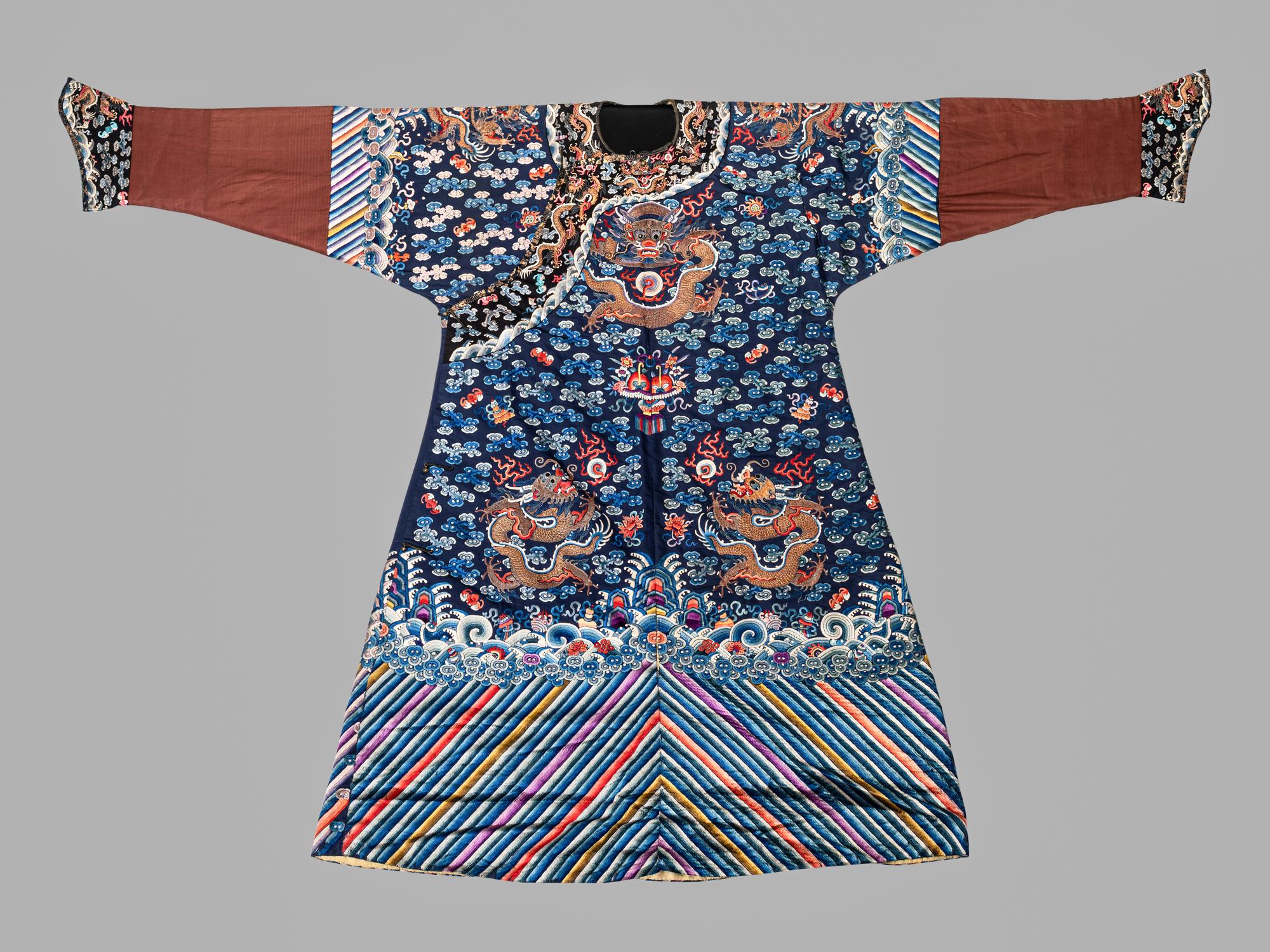 A Blue Ground Embroidered Silk Dragon Robe, Jifu