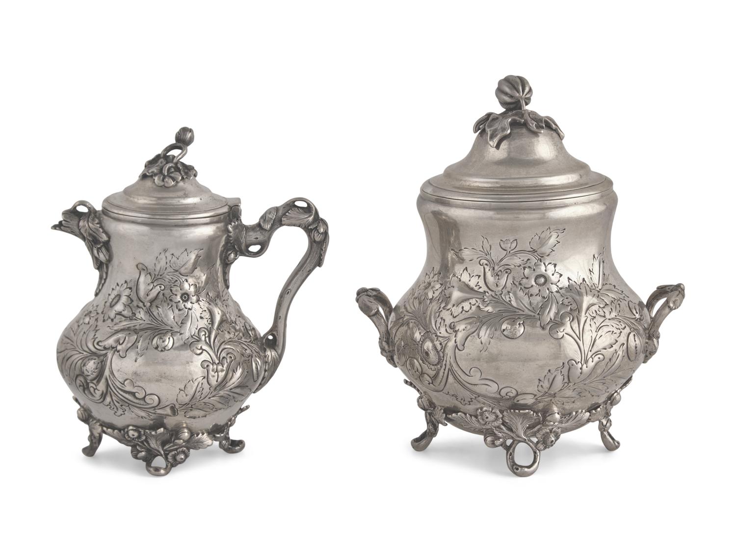 A Coin Silver Floral Repousse Covered Milk Jug and Covered Sugar Dish, Gorham Thurber (active 1850-1852), Providence, RI, 1850-1852