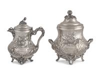 A Coin Silver Floral Repousse Covered Milk Jug and Covered Sugar Dish, Gorham Thurber (active 1850-1852), Providence, RI, 1850-1852