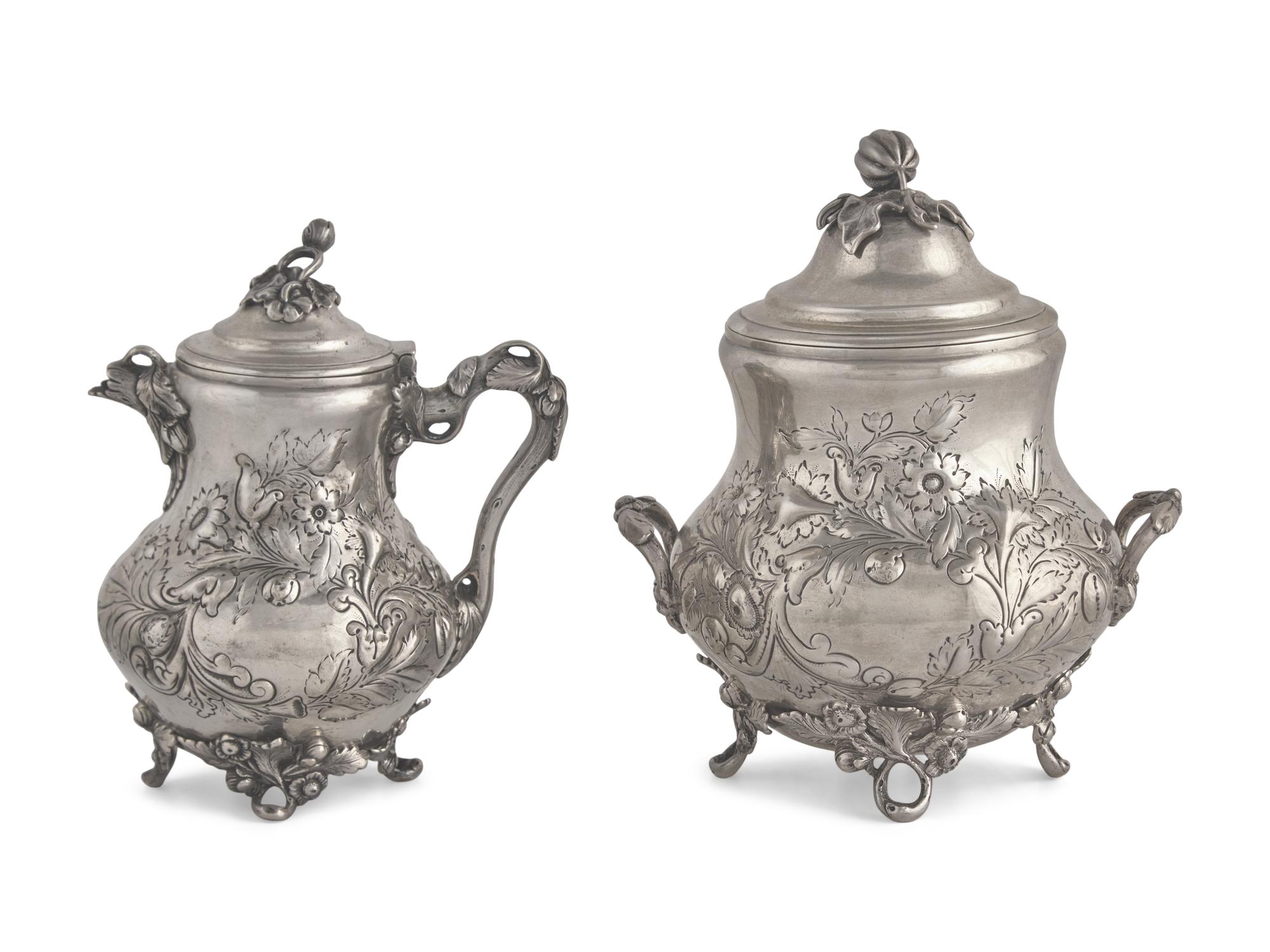 A Coin Silver Floral Repousse Covered Milk Jug and Covered Sugar Dish, Gorham Thurber (active 1850-1852), Providence, RI, 1850-1852