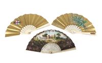 A Set of Three Continental Painted Fans Width of widest 8 3/4 inches. — 19TH CENTURY