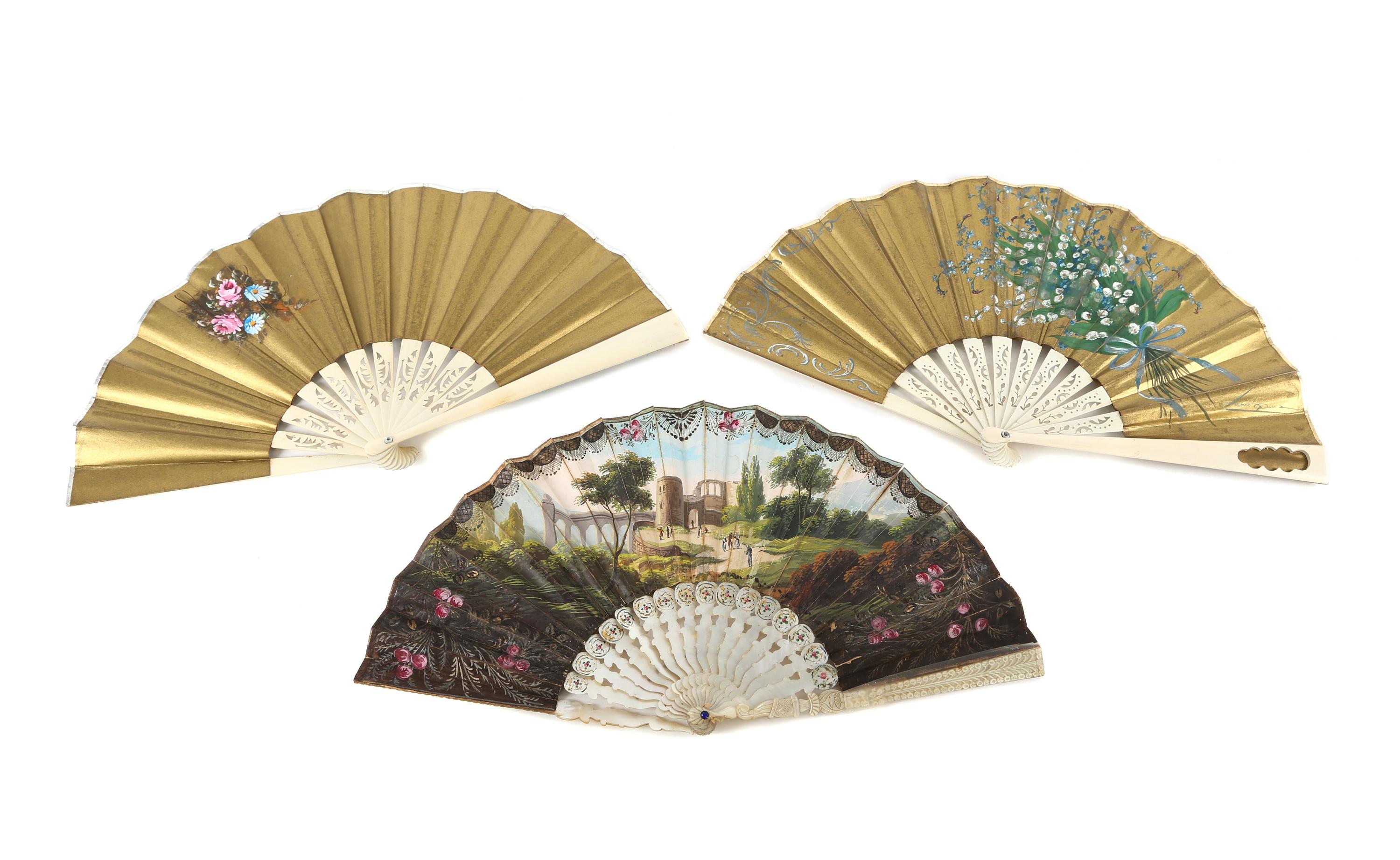 A Set of Three Continental Painted Fans Width of widest 8 3/4 inches. — 19TH CENTURY