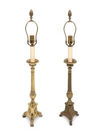 A Pair of Brass Altar Prickets Mounted as Lamps