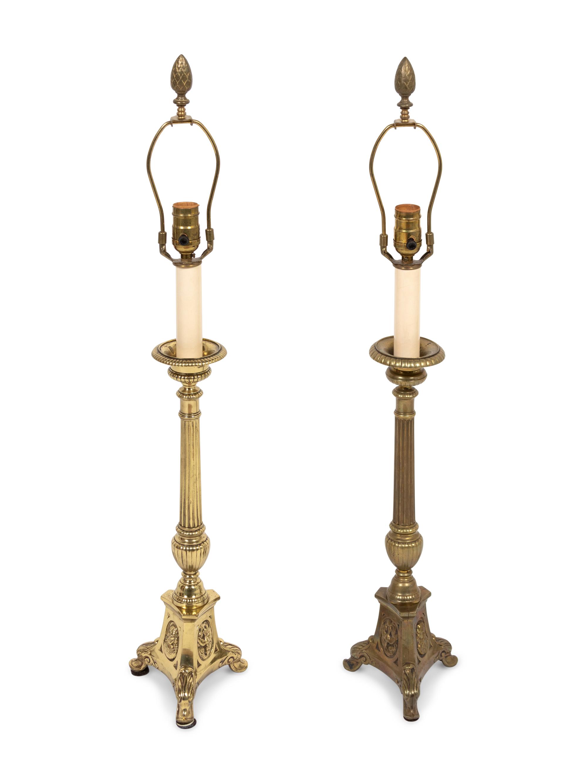 A Pair of Brass Altar Prickets Mounted as Lamps