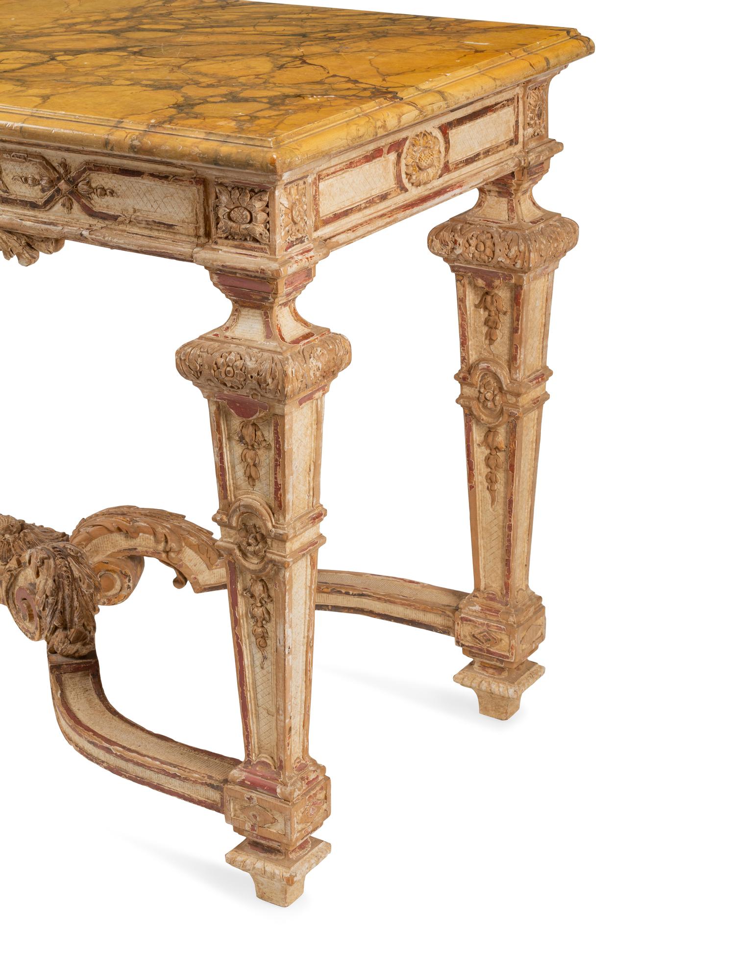 An Italian Painted and Parcel Gilt Faux Marble-Top Console Table