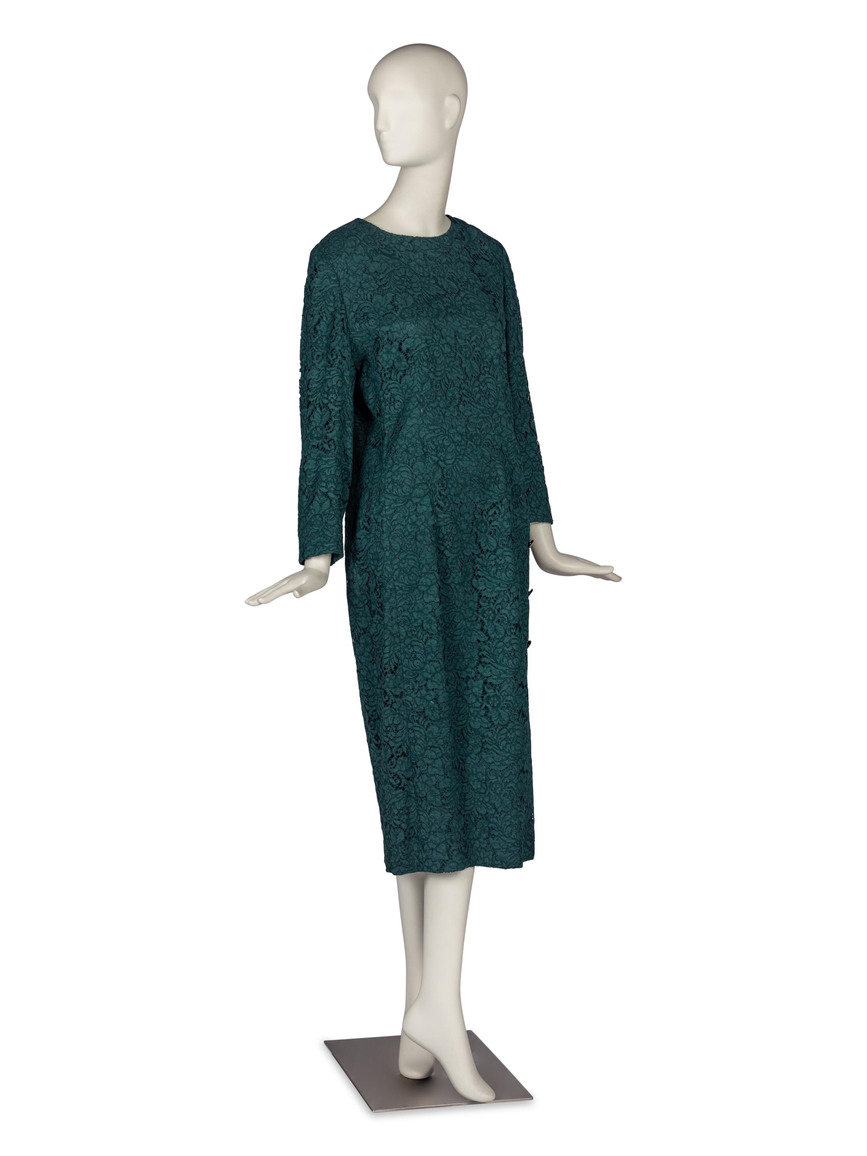 Rizik Brothers Green Lace Dress and Two Brooches