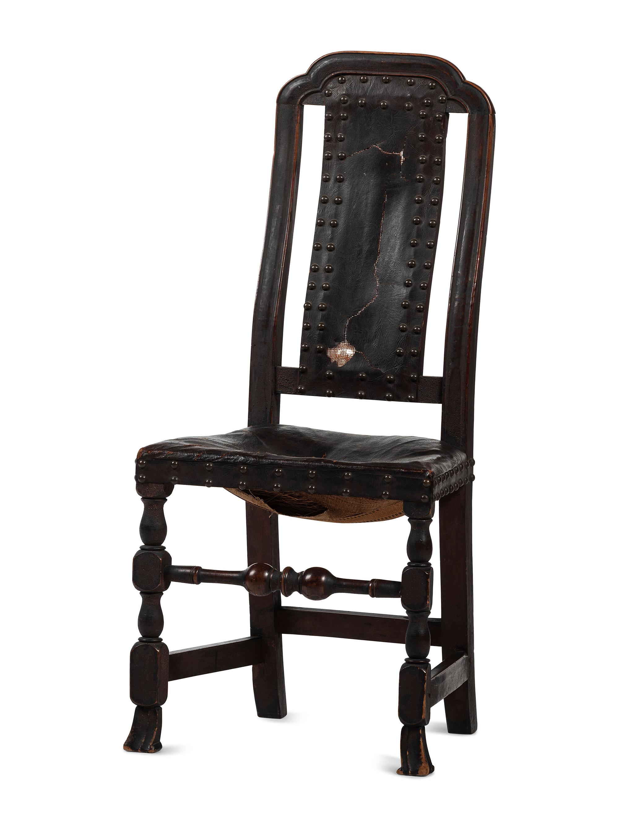A William and Mary Leather Upholstered Spanish-Foot Side Chair