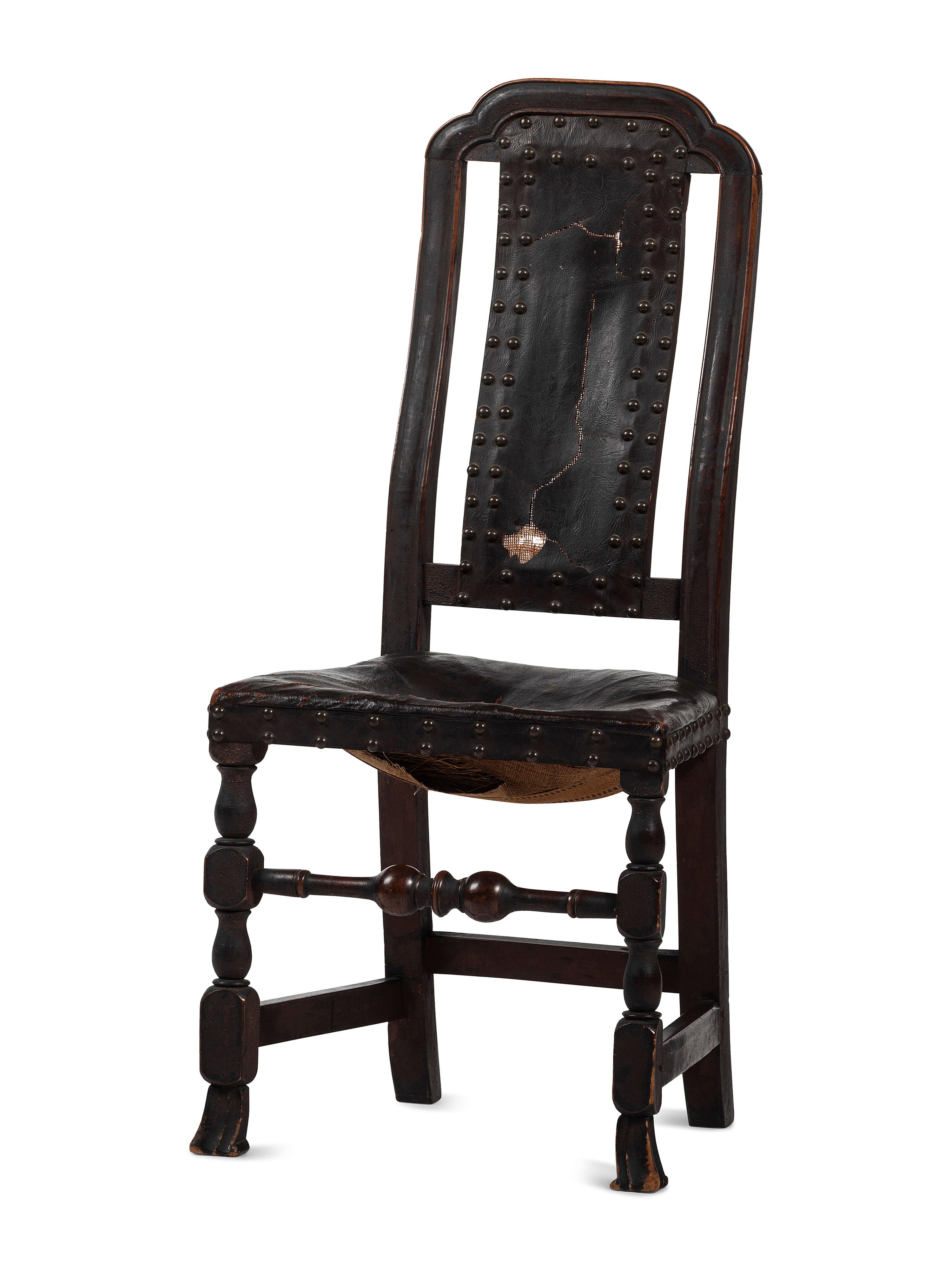 A William and Mary Leather Upholstered Spanish-Foot Side Chair