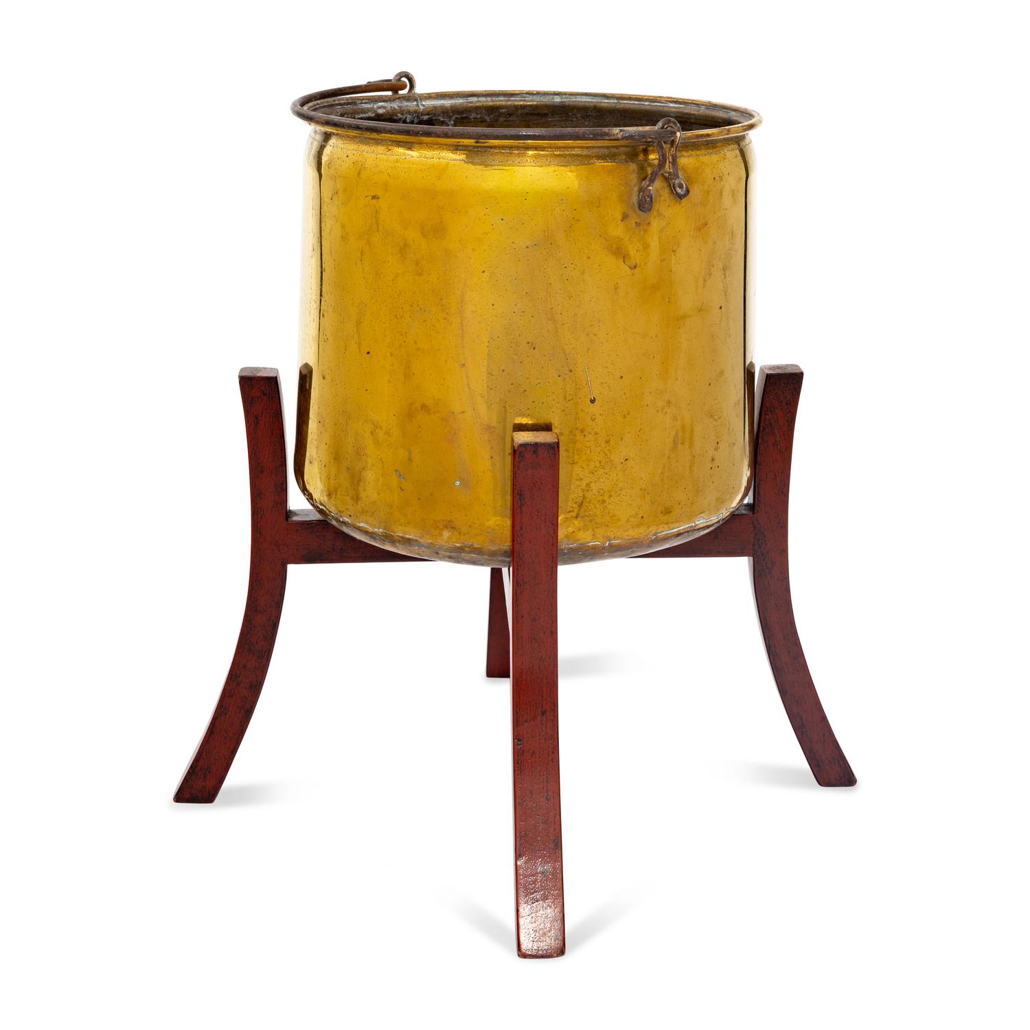 A Large Brass Pail-Form Jardiniere and Stand