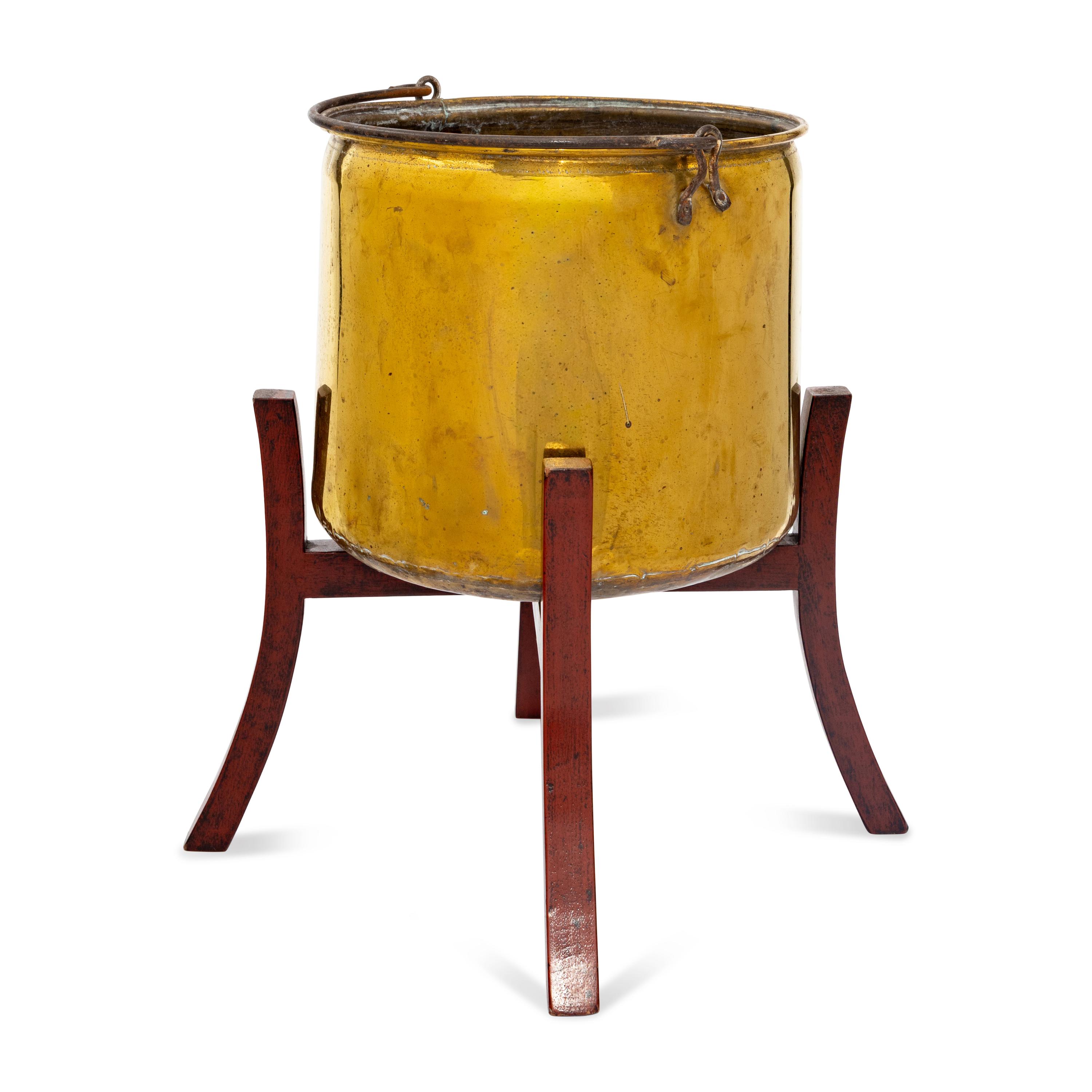 A Large Brass Pail-Form Jardiniere and Stand