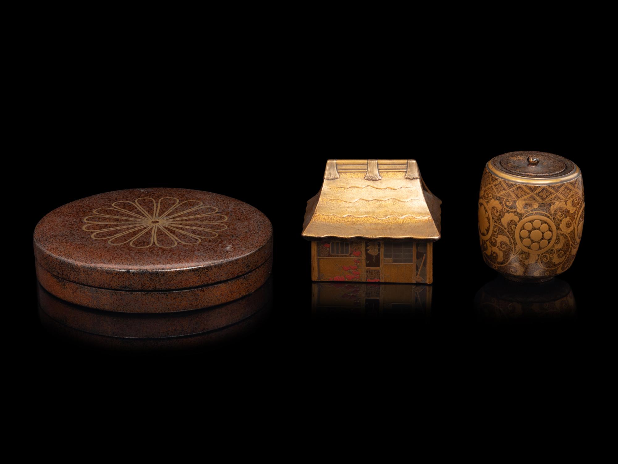 Three Japanese Red, Gold and Brown Lacquer Boxes