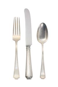 An American Silver Flatware Service, Wm. B. Durgin Co. and Gorham Mfg. Co., comprising: 12 dinner knives 13 dinner forks 12 salad forks