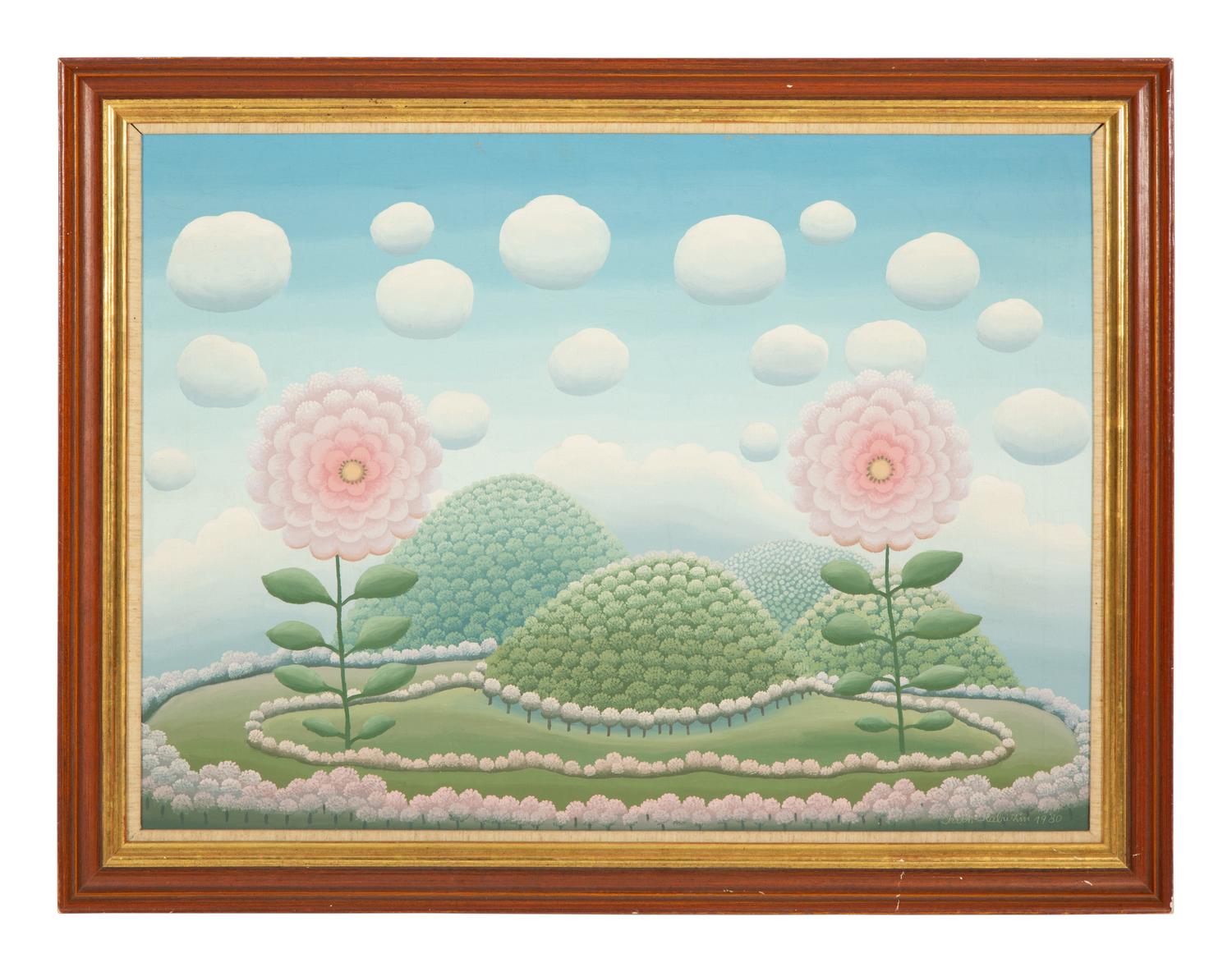 Two Pink Flowers in a Landscape , 1980