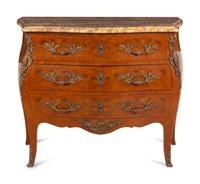 A Louis XV Style Gilt Bronze Mounted Marquetry Marble-Top Commode