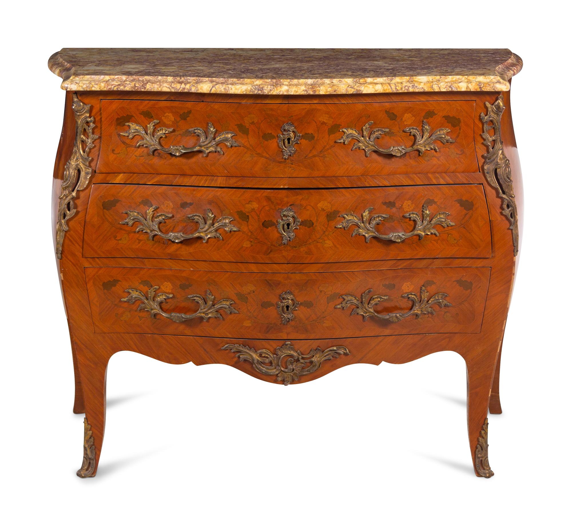 A Louis XV Style Gilt Bronze Mounted Marquetry Marble-Top Commode
