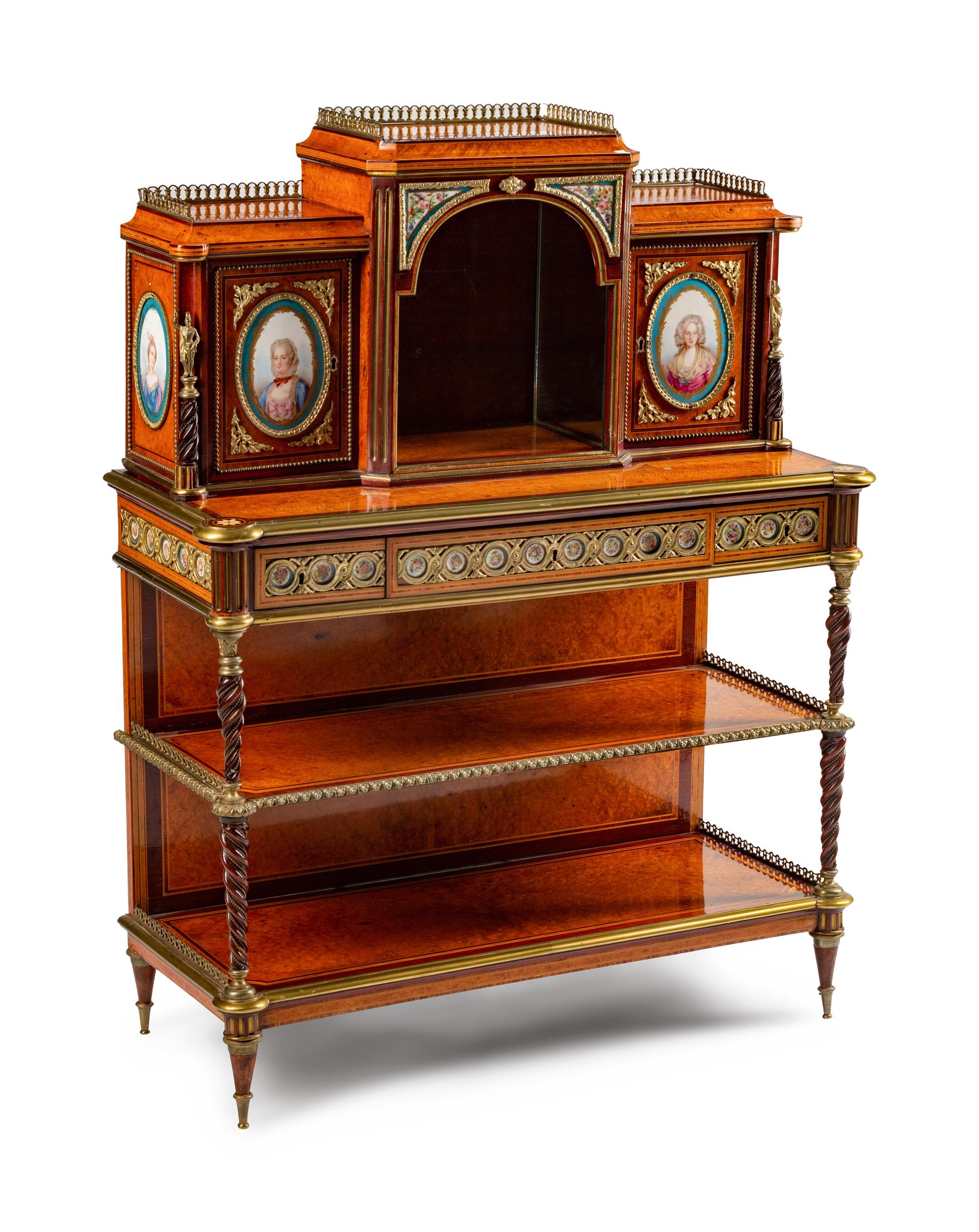 A Louis XVI Style Gilt-Bronze and Porcelain-Mounted Amboyna Bonheur du Jour — 19TH CENTURY