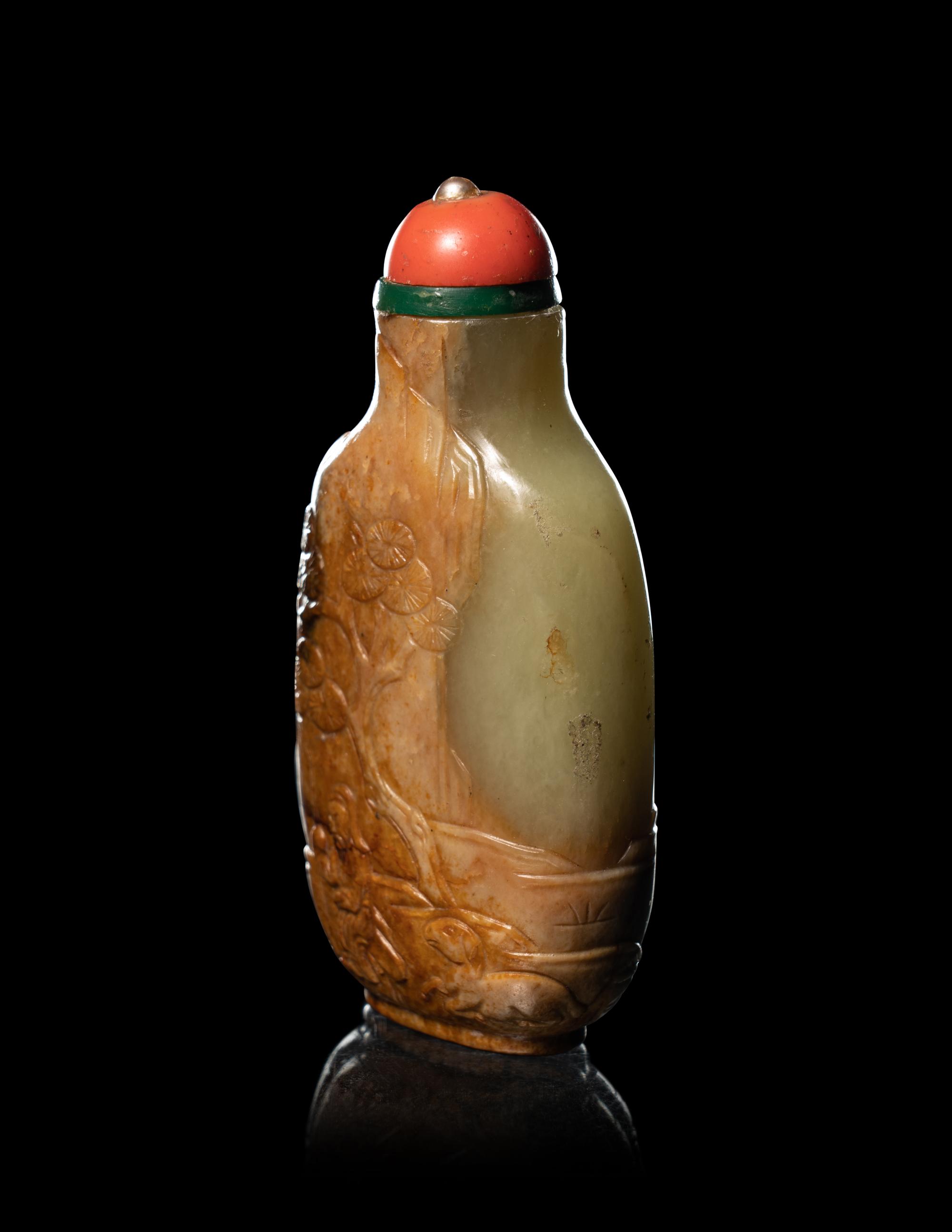 Two Carved Celadon Jade Snuff Bottles