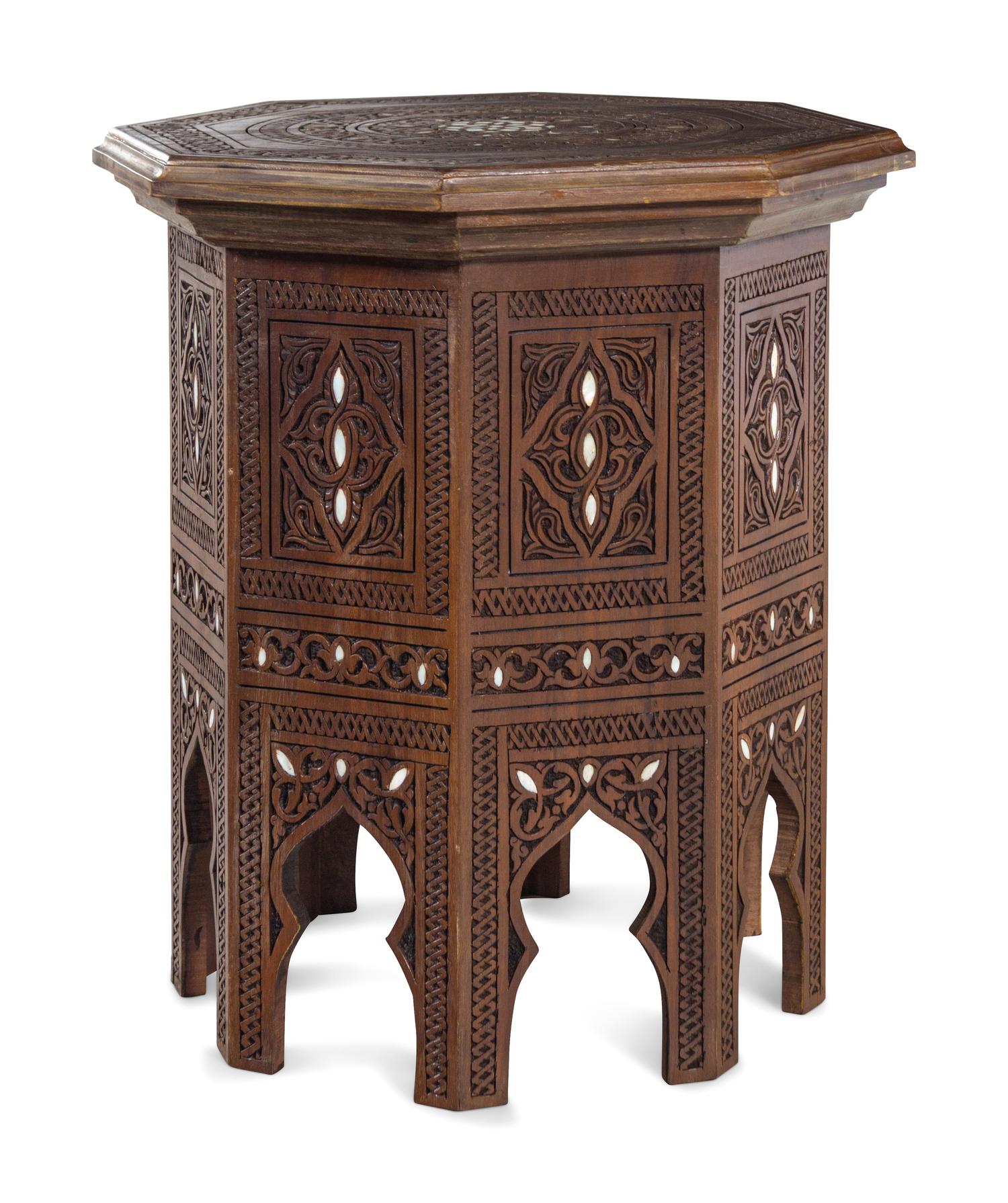 A Moorish Style Mother-of-Pearl Inlaid Carved Walnut Table
