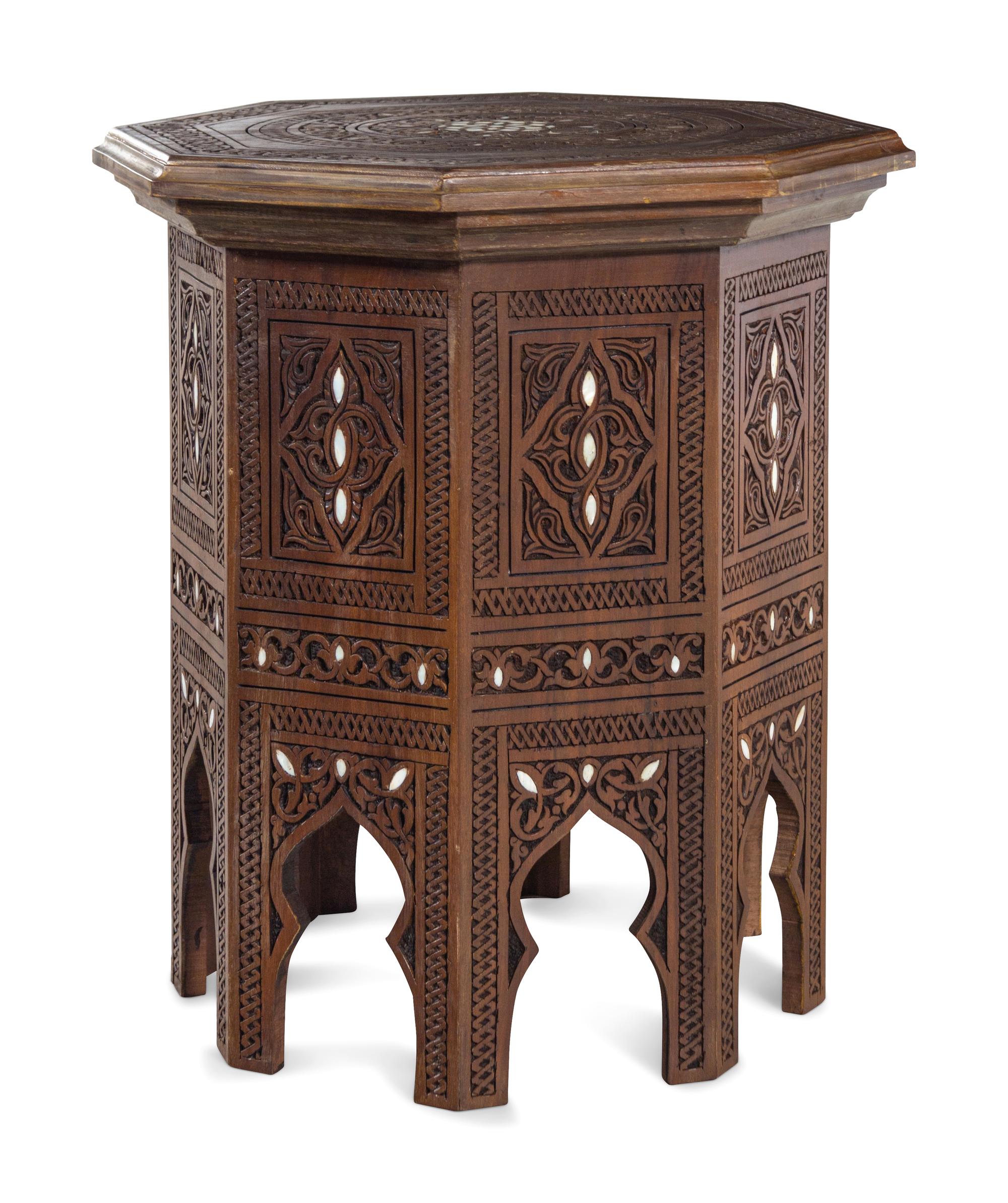 A Moorish Style Mother-of-Pearl Inlaid Carved Walnut Table