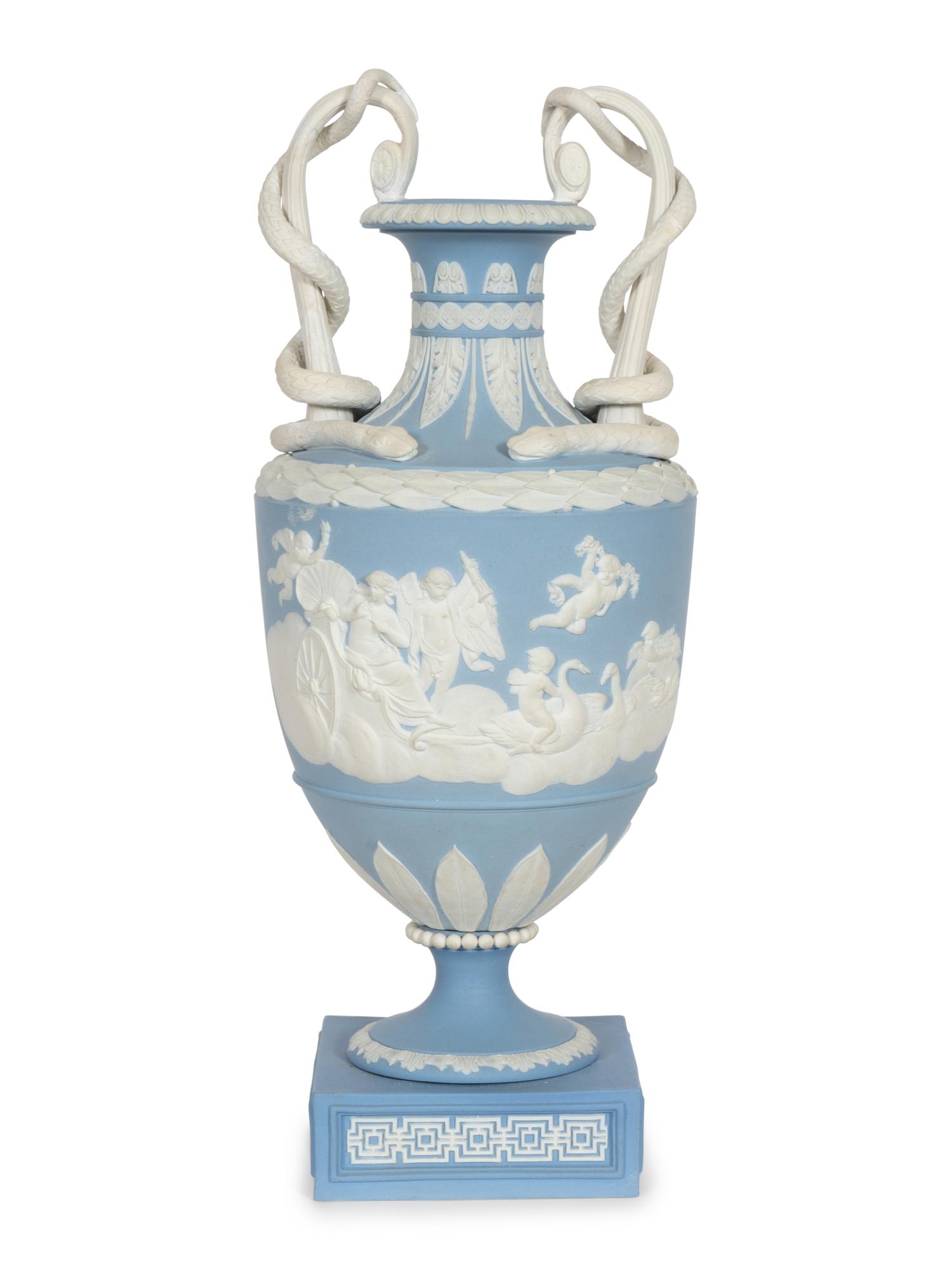 A Pale Blue Wedgwood Jasperware Two-Handled Serpent Vase