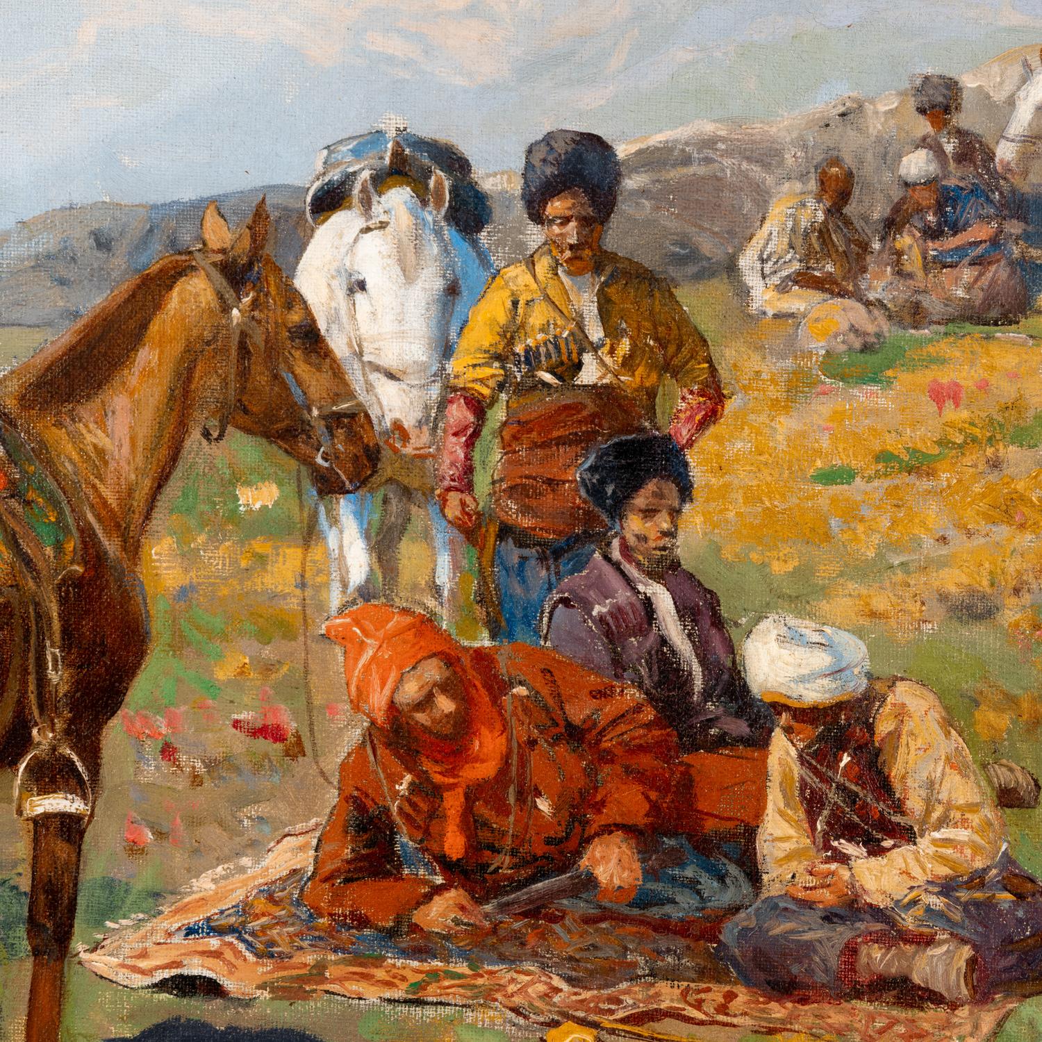 Franz Roubaud (Ukrainian, 1856-1928) — Circassian Horsemen Resting on a High Plateau