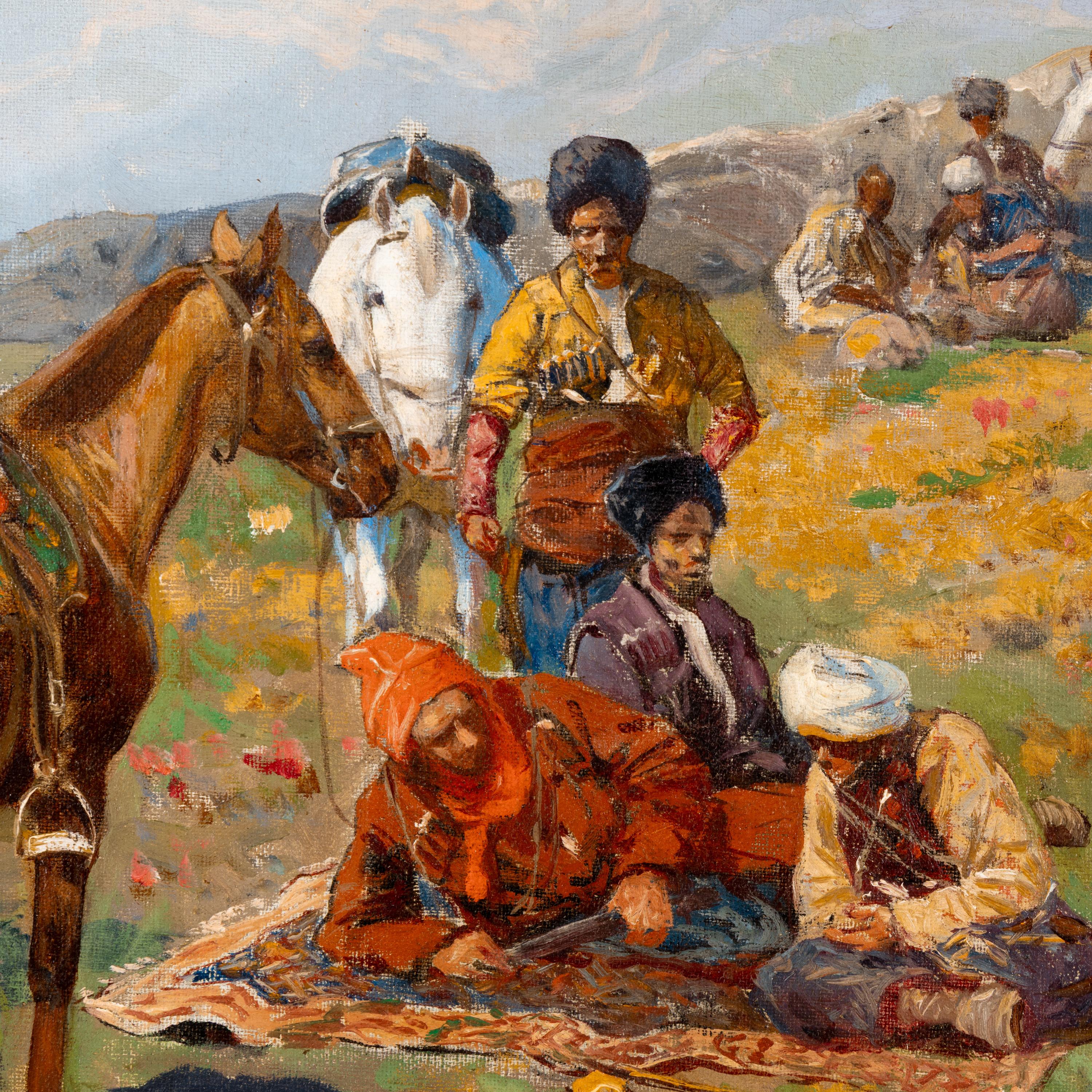 Franz Roubaud (Ukrainian, 1856-1928) — Circassian Horsemen Resting on a High Plateau