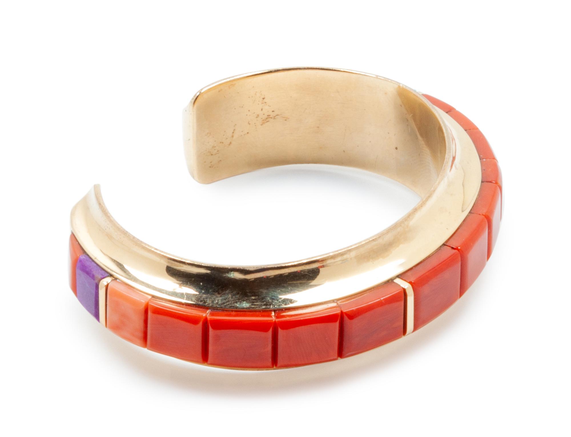 Yellow gold, turquoise, and coral cuff bracelet