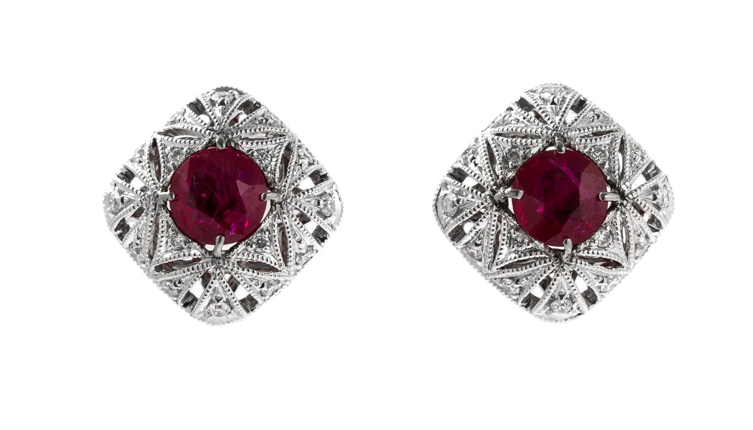 A Pair of 14 Karat White Gold, Ruby and Diamond Earrings, 2.30 dwts.