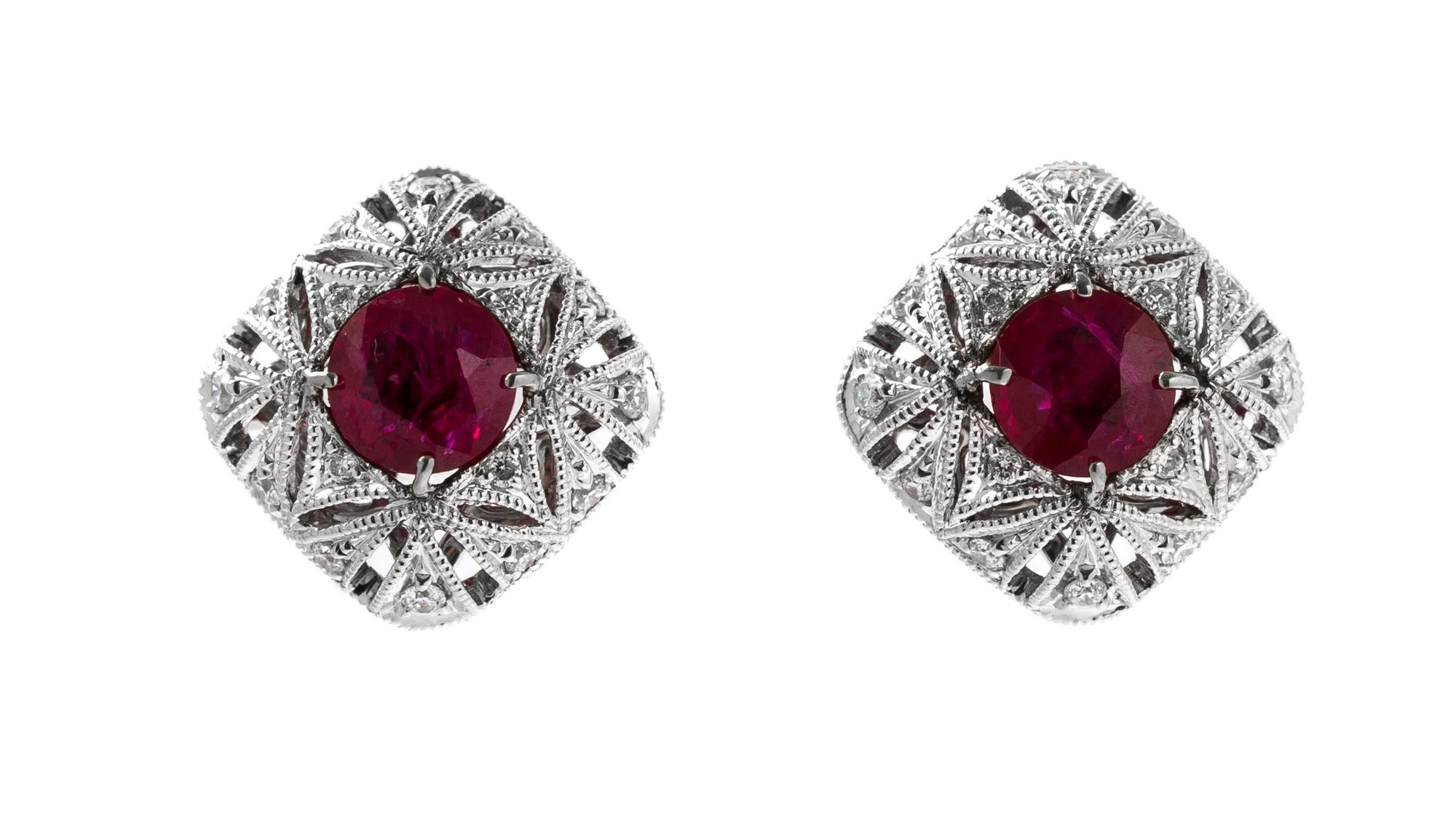 A Pair of 14 Karat White Gold, Ruby and Diamond Earrings, 2.30 dwts.