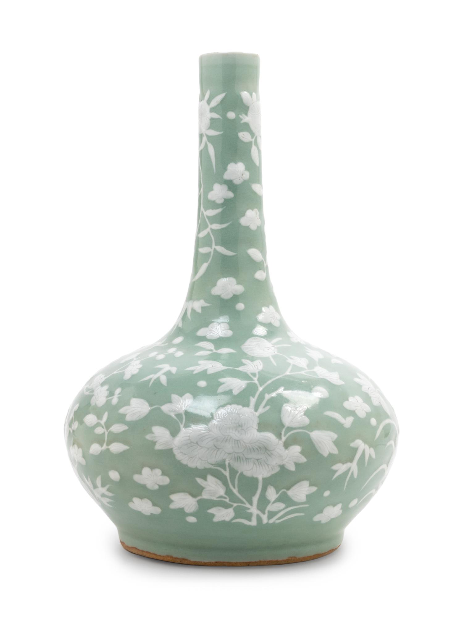 A Celadon Ground White Slip-Decorated Porcelain Bottle Vase