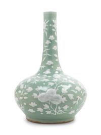 A Celadon Ground White Slip-Decorated Porcelain Bottle Vase