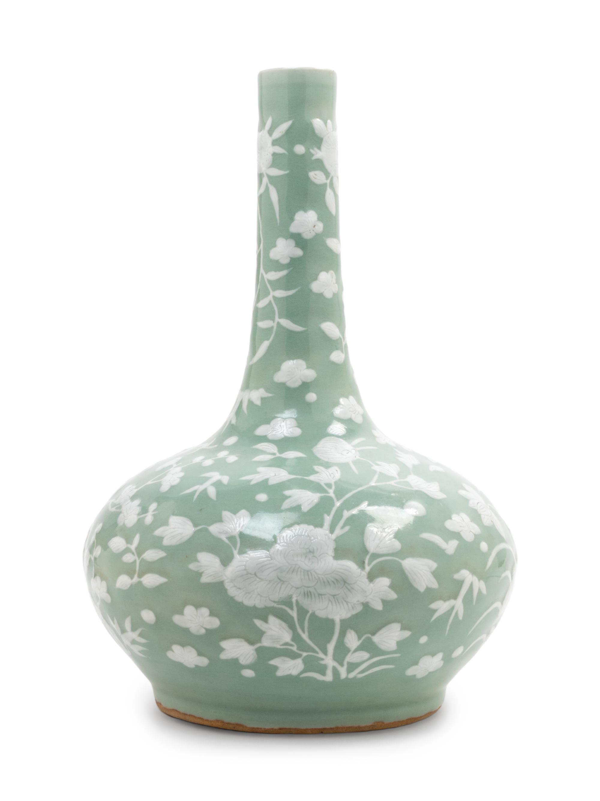 A Celadon Ground White Slip-Decorated Porcelain Bottle Vase