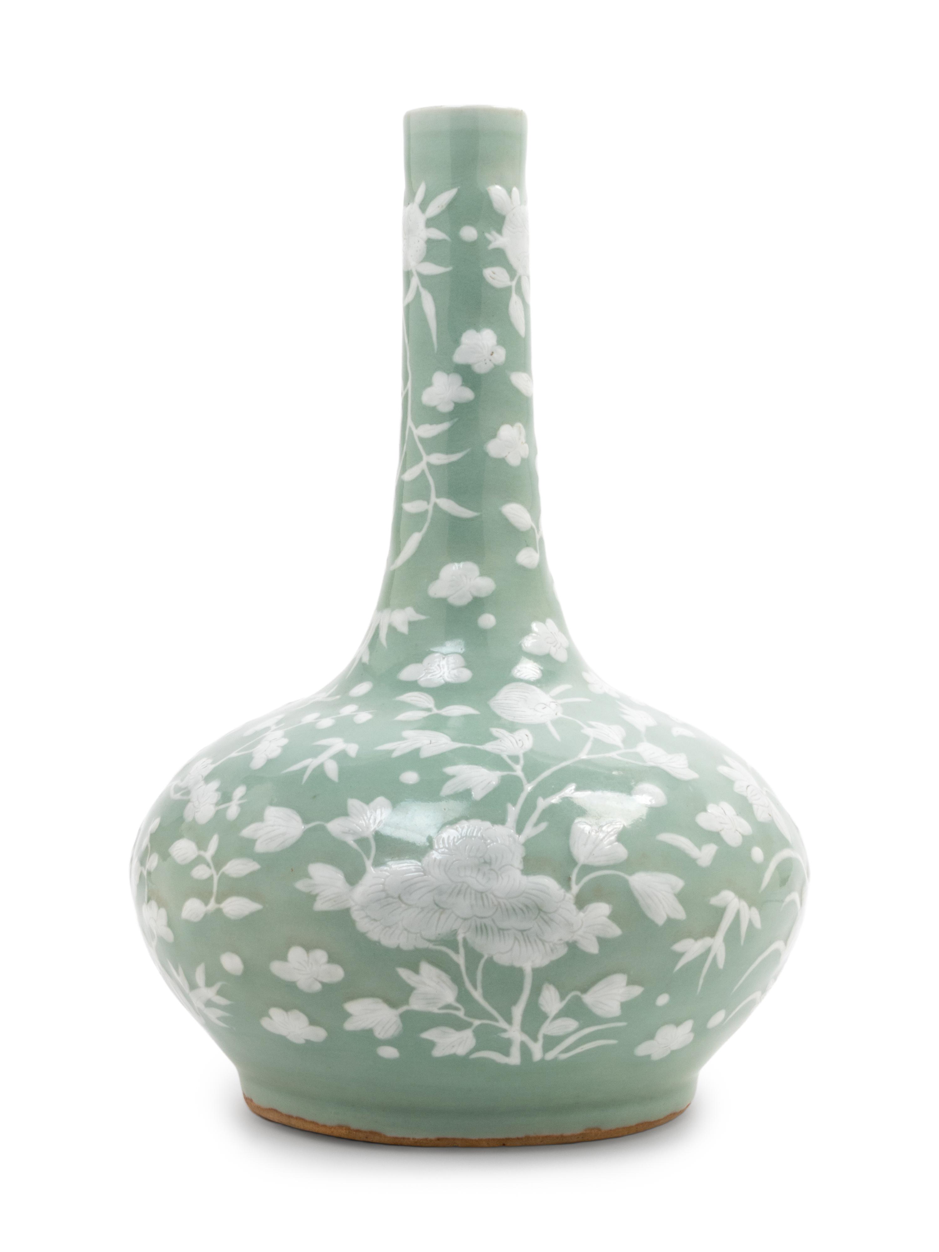 A Celadon Ground White Slip-Decorated Porcelain Bottle Vase