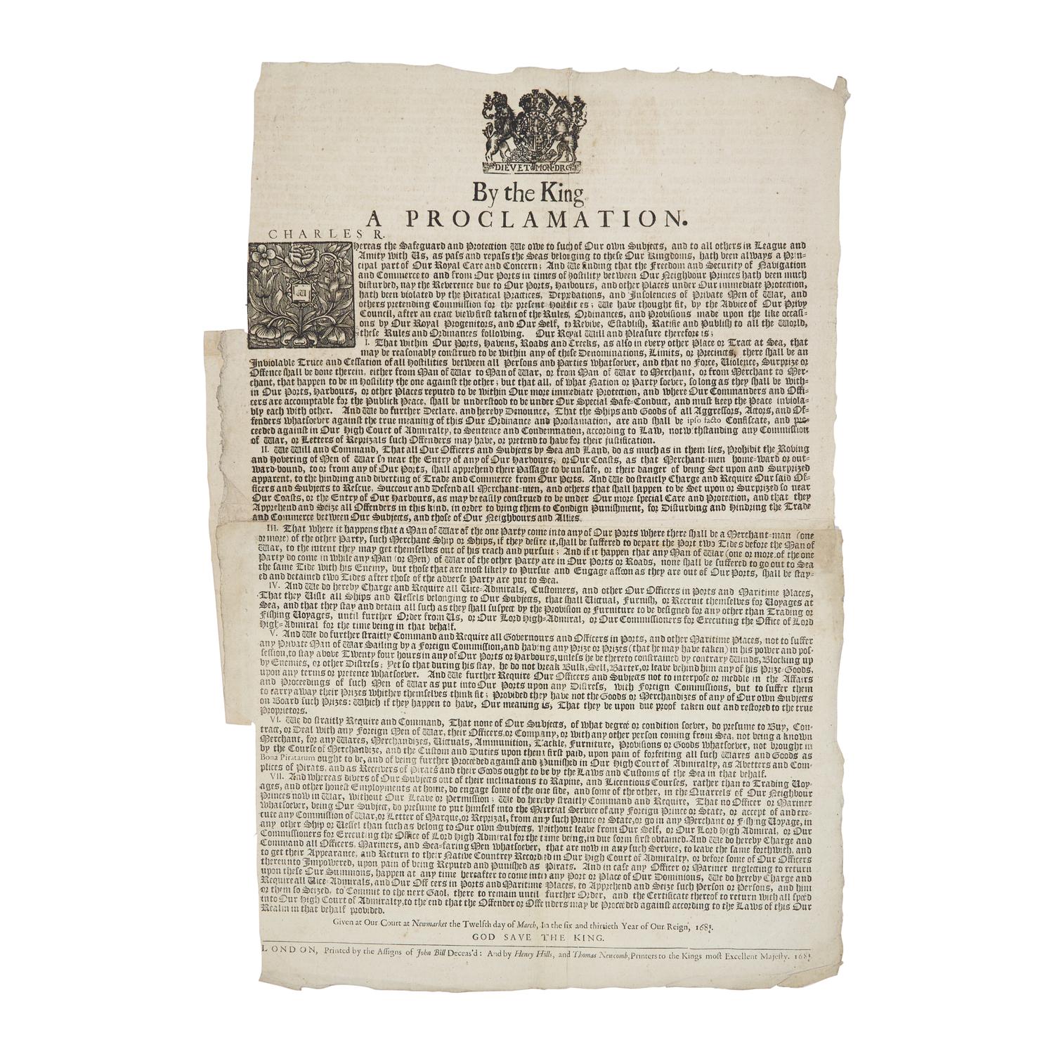 [Piracy] Rare R oyal Proclamation Broadside, Issued by King Charles II During the Golden Age of Piracy, Establishing Strict Regulations for Maritime Trade and Navigation to curb the Piratical Practices, Depredations, and Insolences of Private Men of War, March 12, 1683/84