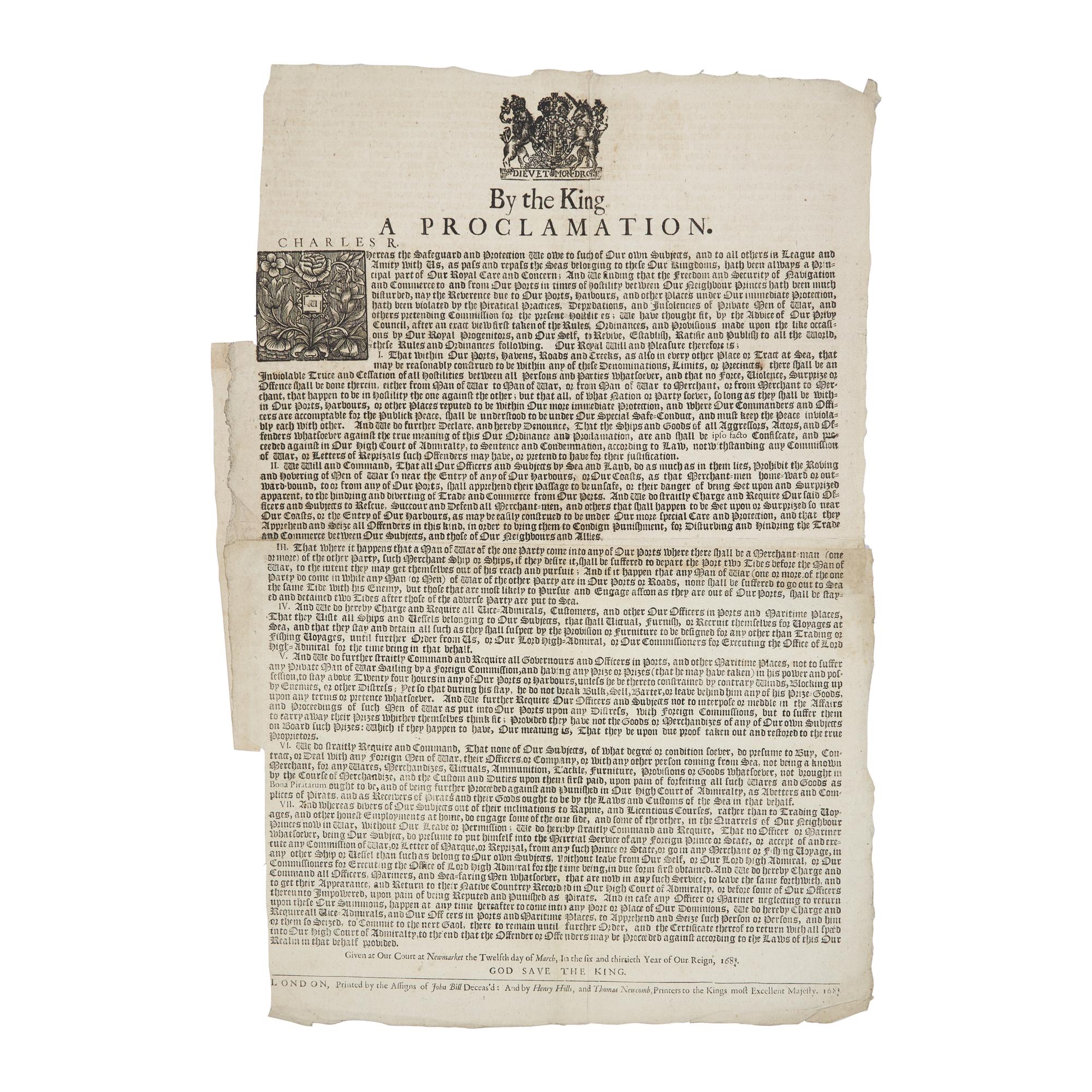 [Piracy] Rare R oyal Proclamation Broadside, Issued by King Charles II During the Golden Age of Piracy, Establishing Strict Regulations for Maritime Trade and Navigation to curb the Piratical Practices, Depredations, and Insolences of Private Men of War, March 12, 1683/84