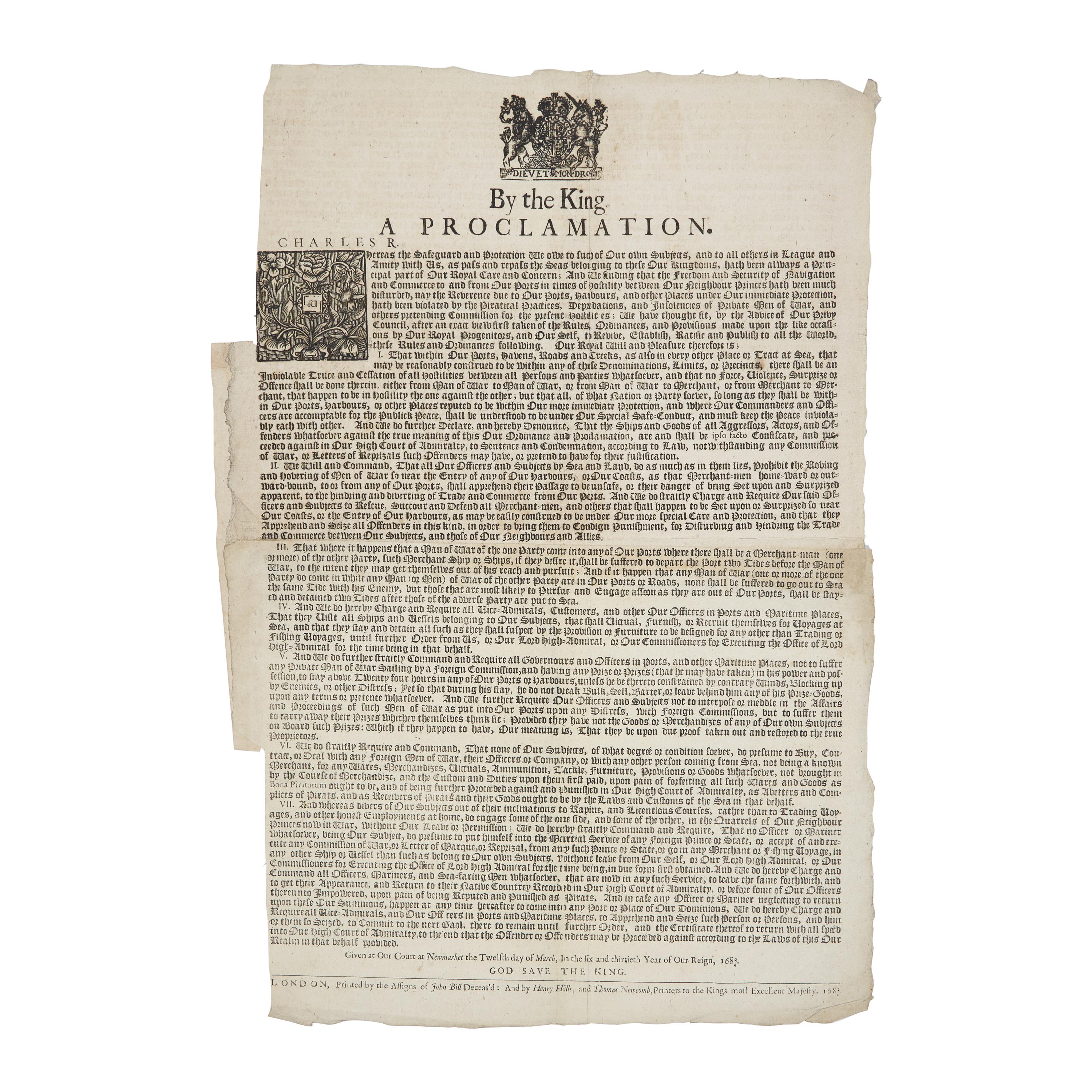*[Piracy] Rare Royal Proclamation Broadside, Issued by King Charles II During the Golden Age of Piracy, Establishing Strict Regulations for Maritime Trade and Navigation to curb the Piratical Practices, Depredations, and Insolences of Private Men of War, March 12, 1683/84