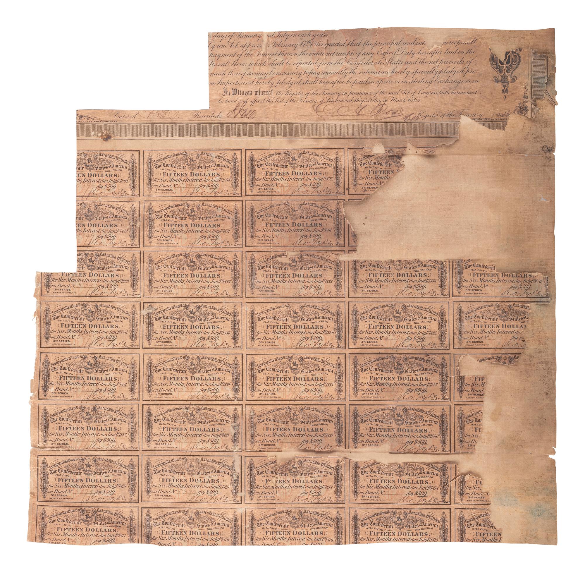 [CIVIL WAR]. A group of 11 Confederate bonds, incl. $500 and $1000 examples.
