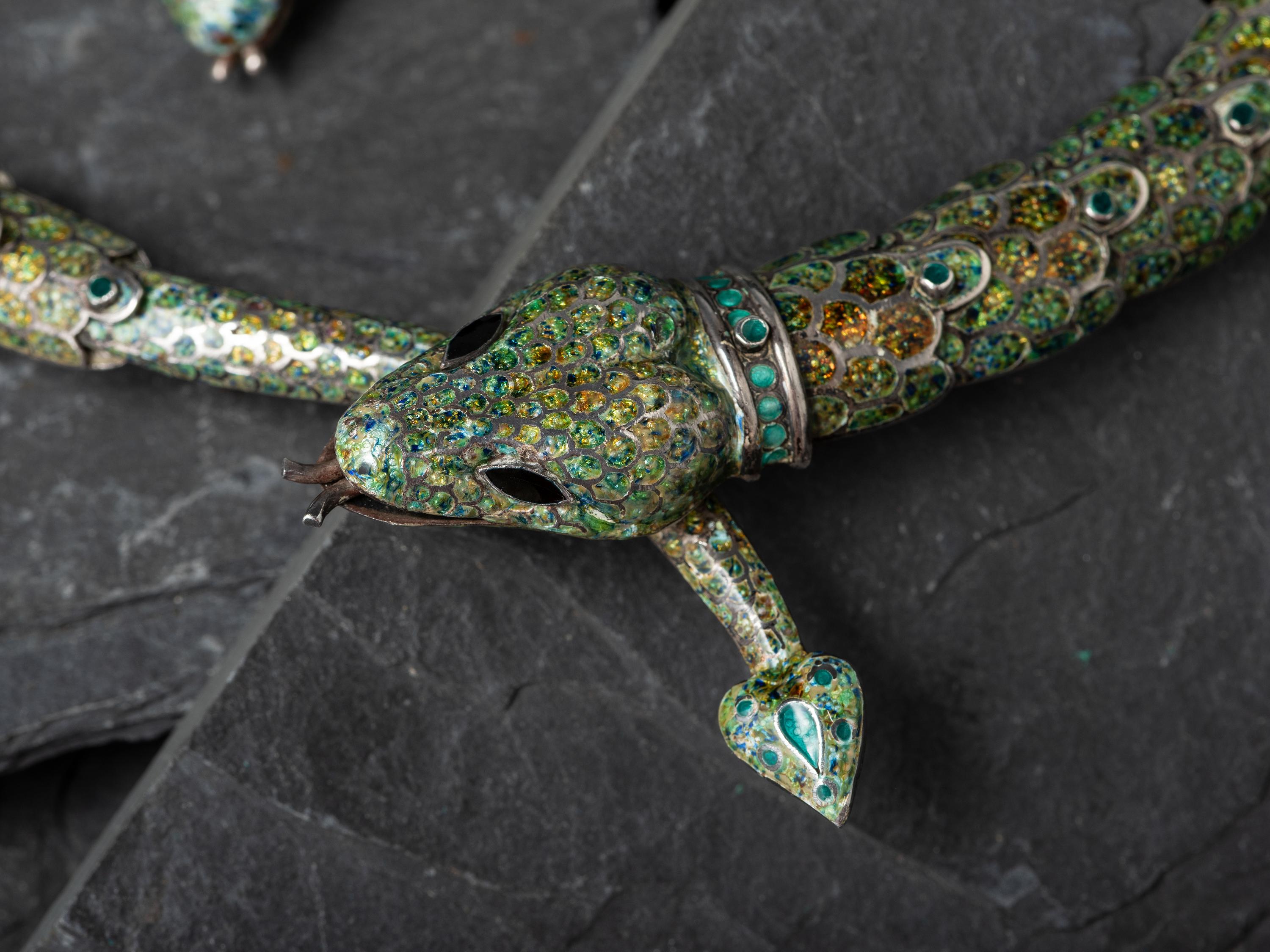 Taxco Sterling Silver and Enamel Serpent Necklace, Bracelets, and Earring Suite, 1955-1978