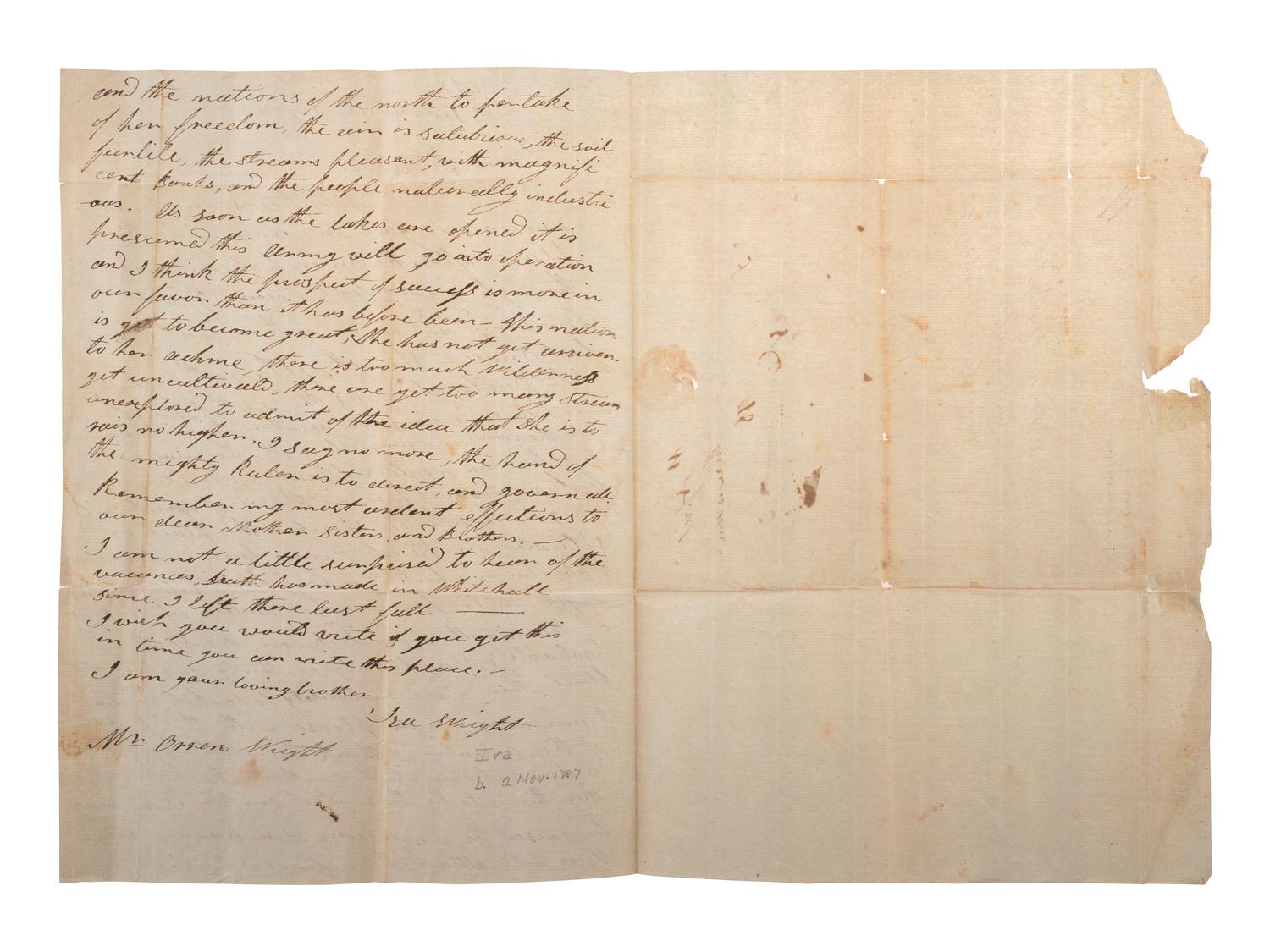 [WAR OF 1812]. Letter describing military movements in Upstate New York, written by Ira Wright. Brownville, 4 April 1813.