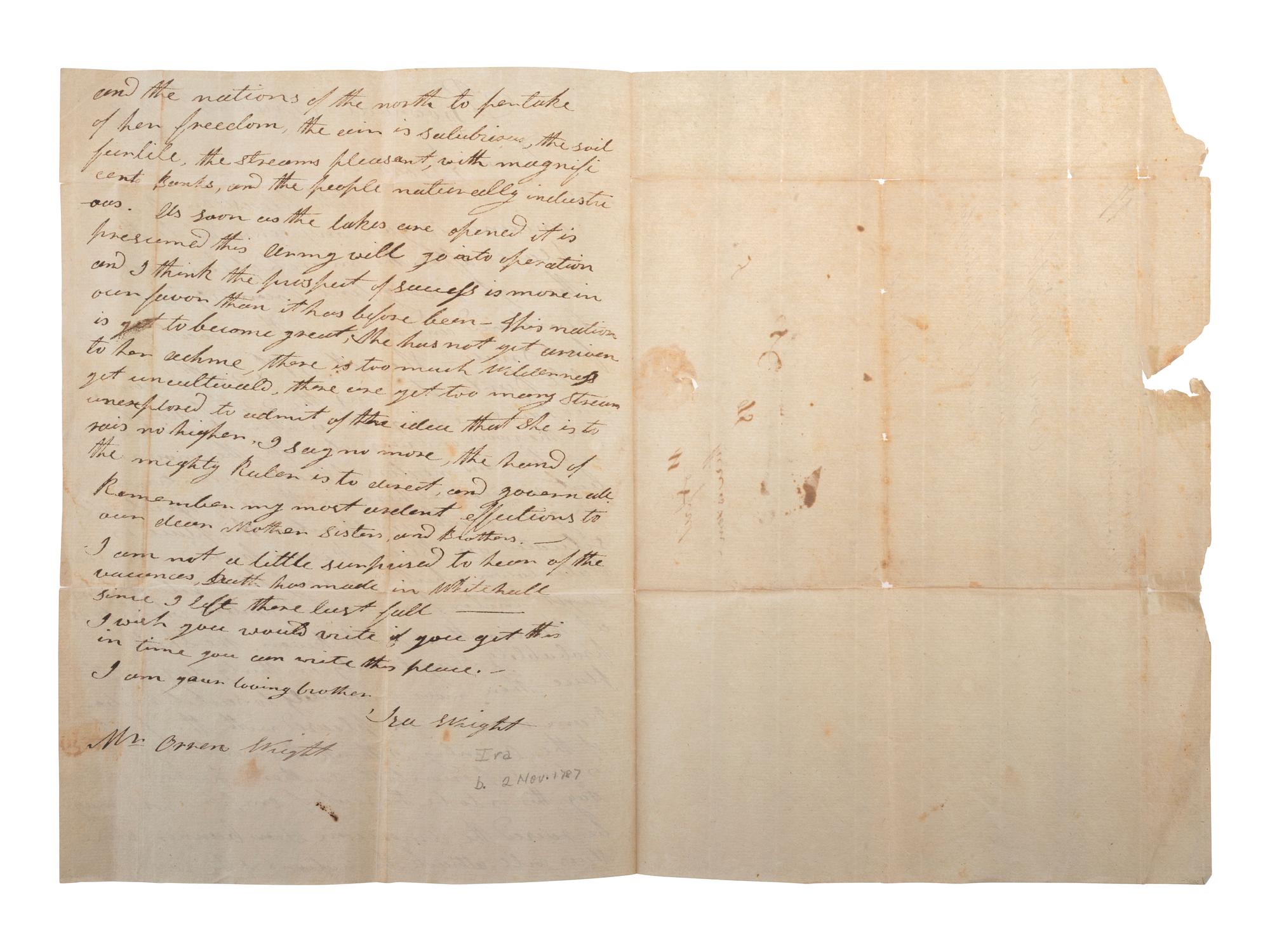 [WAR OF 1812]. Letter describing military movements in Upstate New York, written by Ira Wright. Brownville, 4 April 1813.