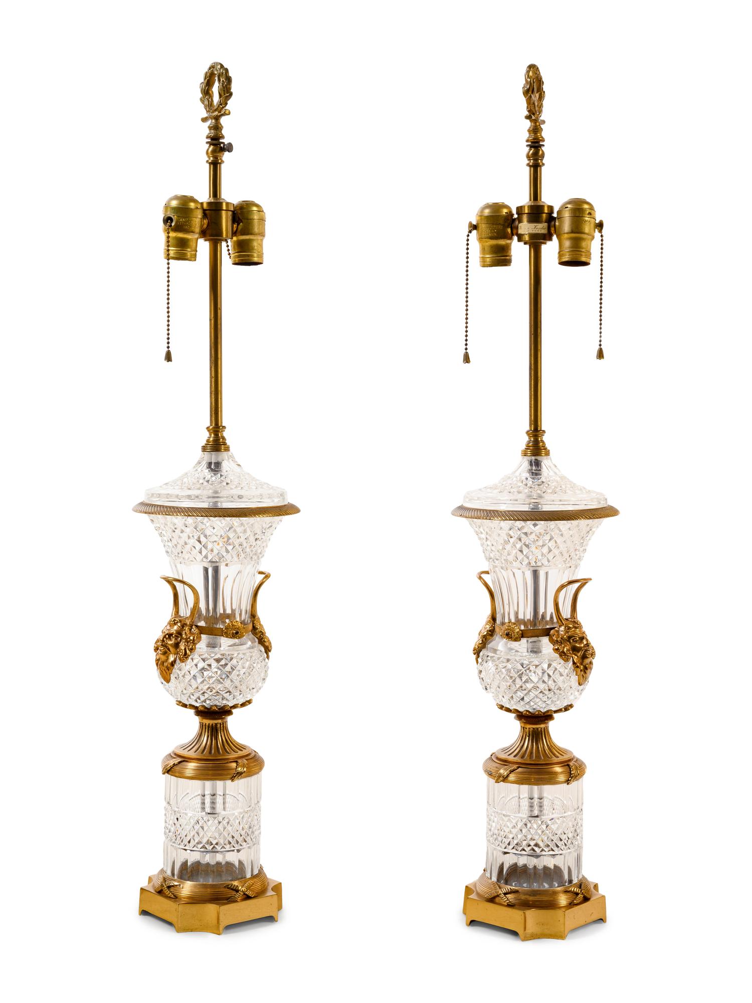 A Pair of Empire Style Gilt Metal and Cut Glass Vases Mounted as Lamps