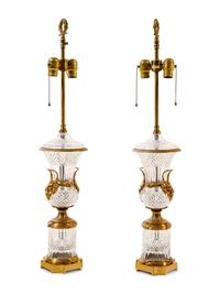 A Pair of Empire Style Gilt Metal and Cut Glass Vases Mounted as Lamps