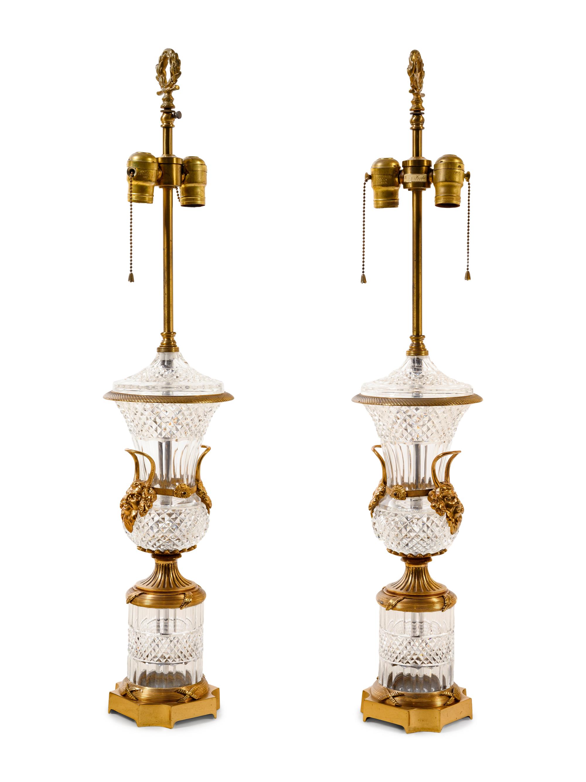 A Pair of Empire Style Gilt Metal and Cut Glass Vases Mounted as Lamps