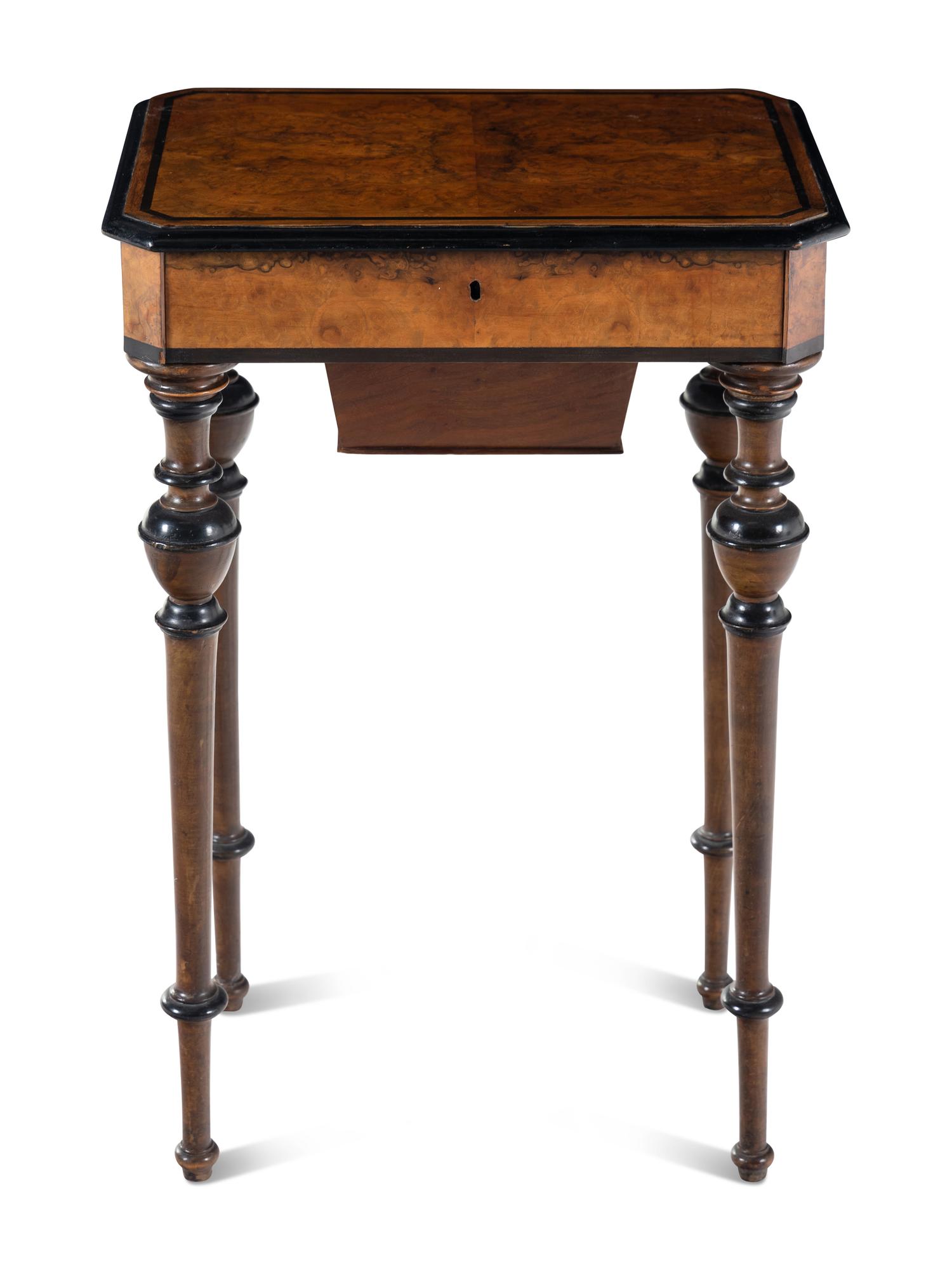 A Continental Part Ebonized Burl Walnut Work Table