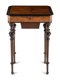 A Continental Part Ebonized Burl Walnut Work Table