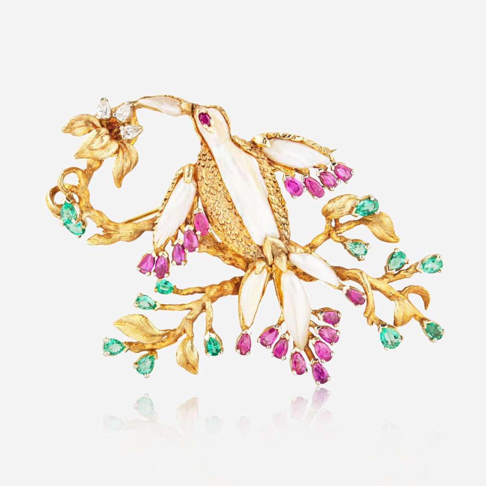 An 18K Yellow Gold and Gemstone Brooch