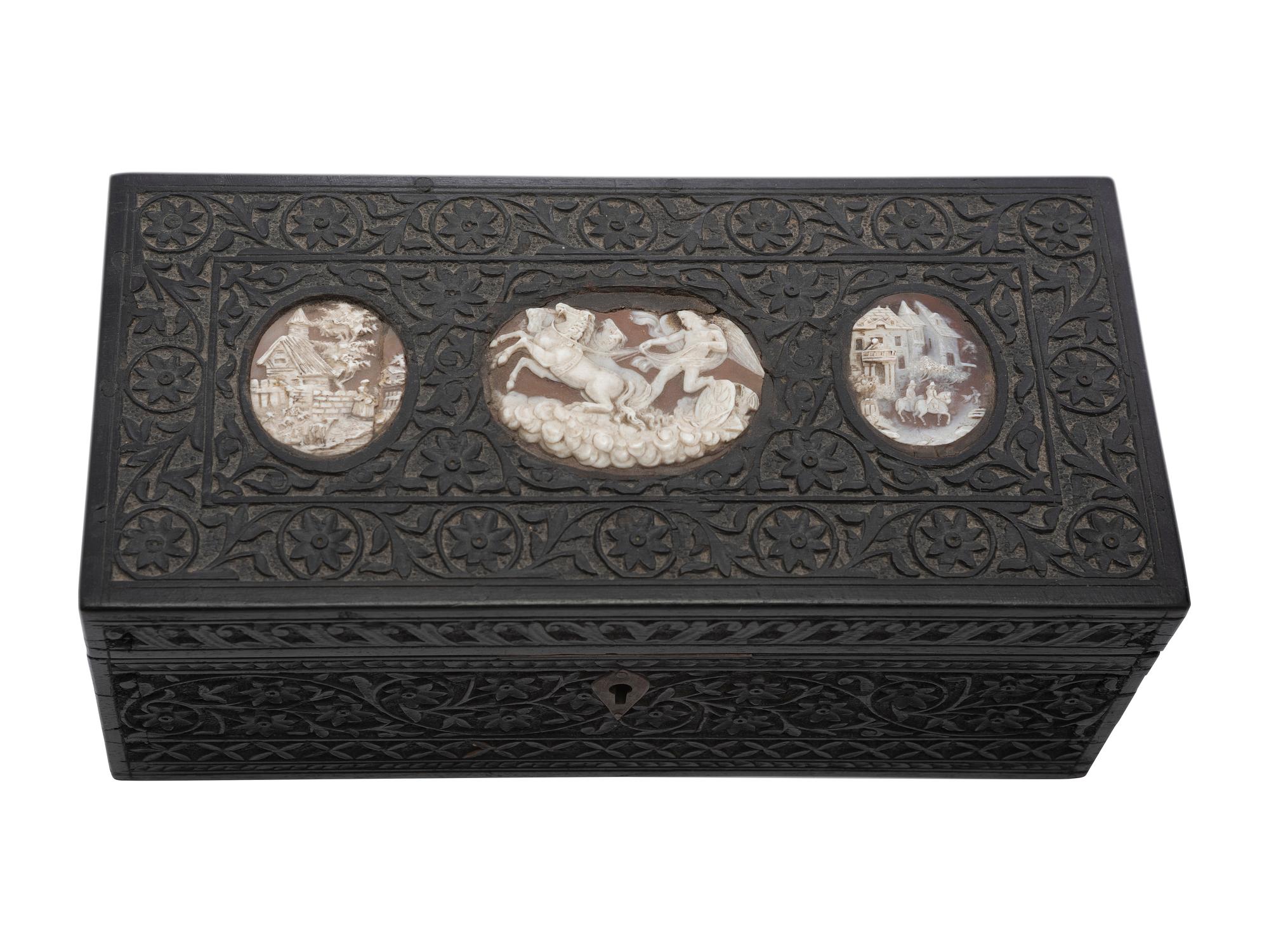 A Georgian Shagreen Silver Mounted Tea Caddy and Carved Hardwood Box